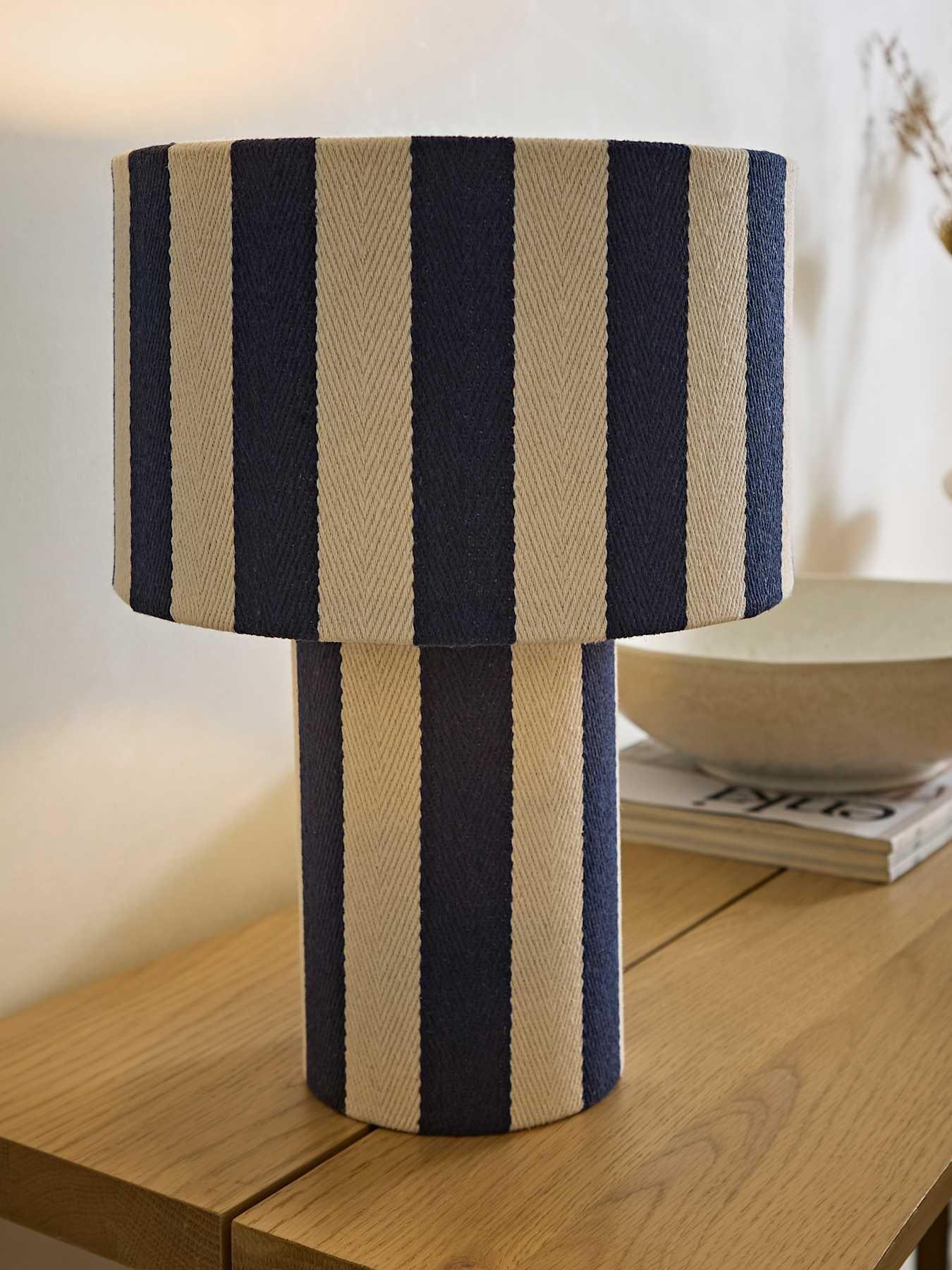 ValueLights Florence Navy Deckchair Stripe Linen Table Lamp and Warm White Bulb