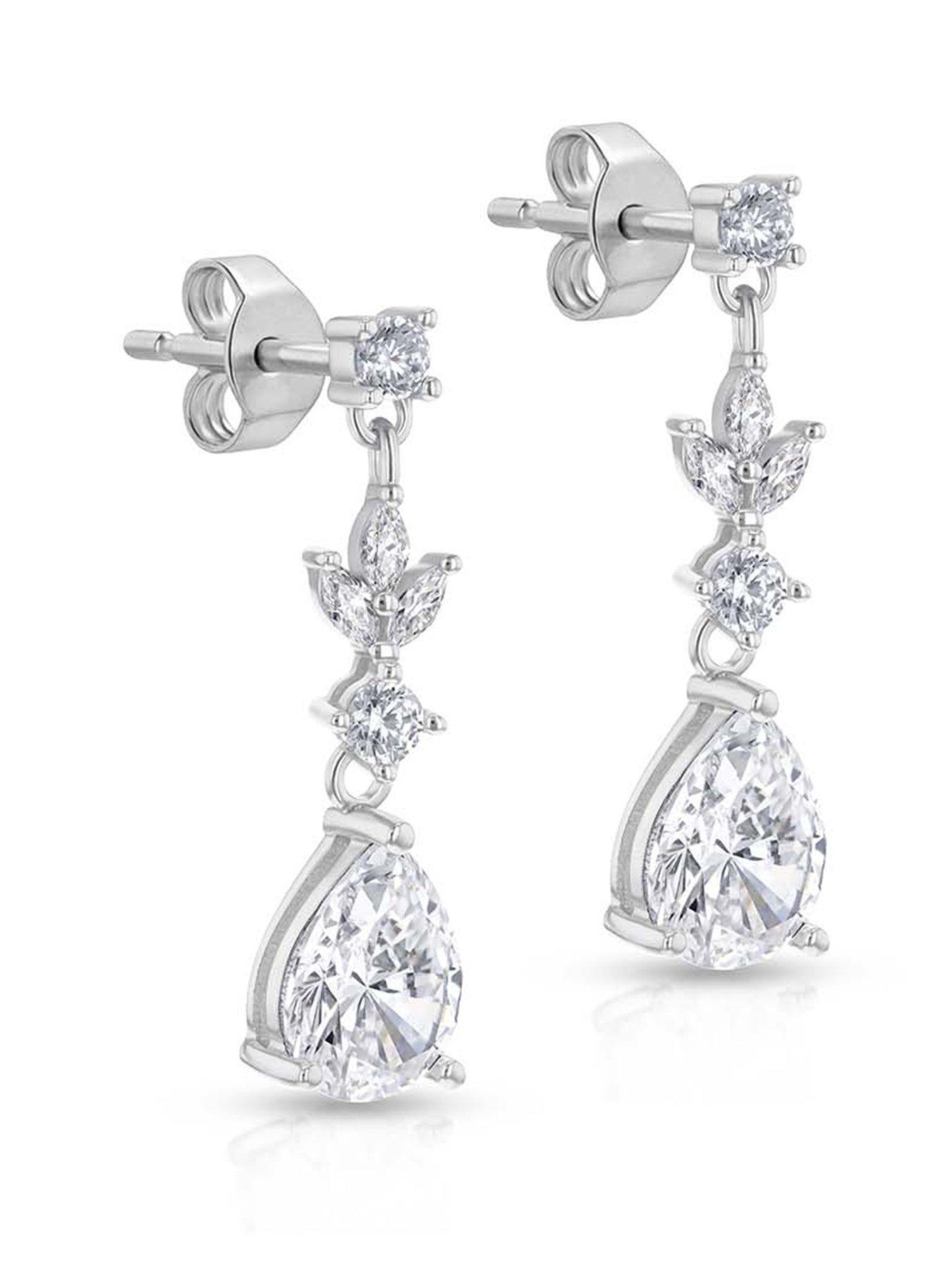 The Love Collection Sterling Silver Rhodium Plated White Marquise CZ and Teardrop CZ Drop Earring