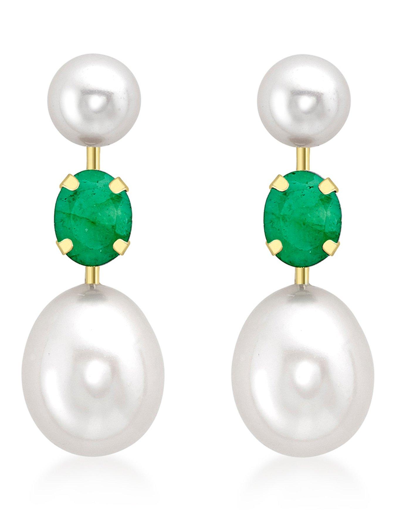 Image 1 of 5 of The Love Collection 9ct Yellow Gold Emerald and 2 Freshwater Pearls 7.5mm x 21mm Stem Drop Earrings