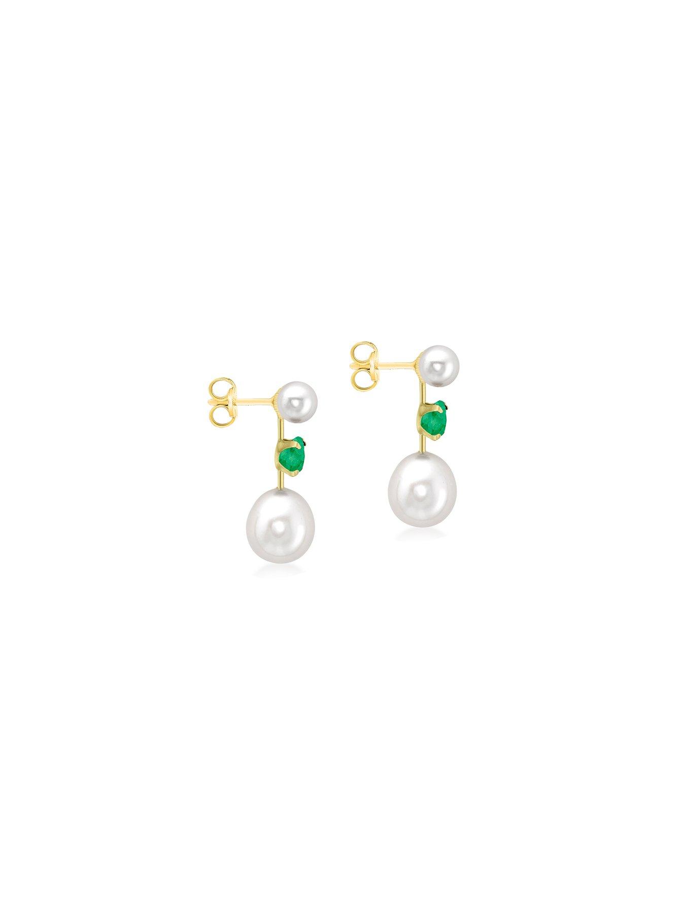 Image 3 of 5 of The Love Collection 9ct Yellow Gold Emerald and 2 Freshwater Pearls 7.5mm x 21mm Stem Drop Earrings