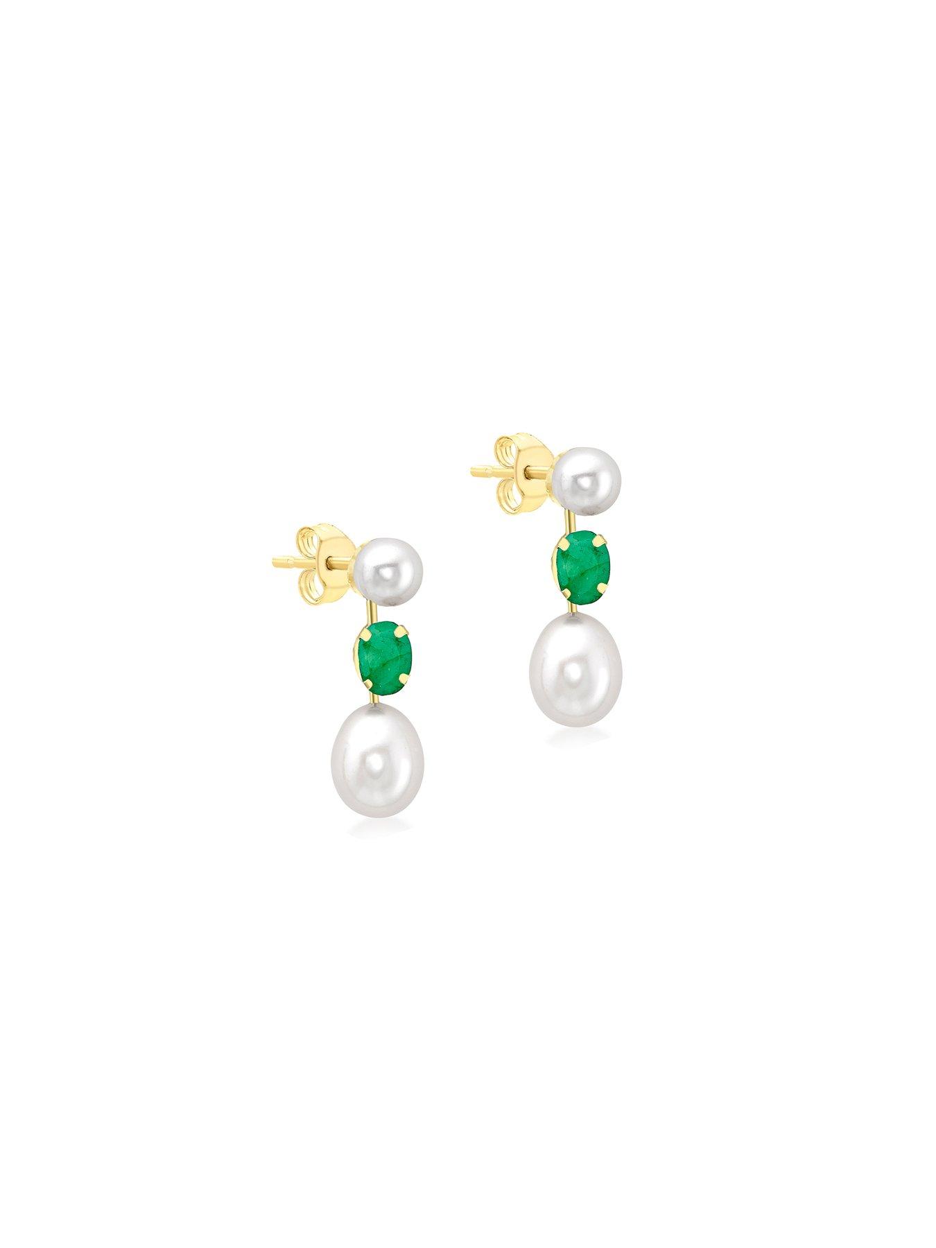 Image 4 of 5 of The Love Collection 9ct Yellow Gold Emerald and 2 Freshwater Pearls 7.5mm x 21mm Stem Drop Earrings