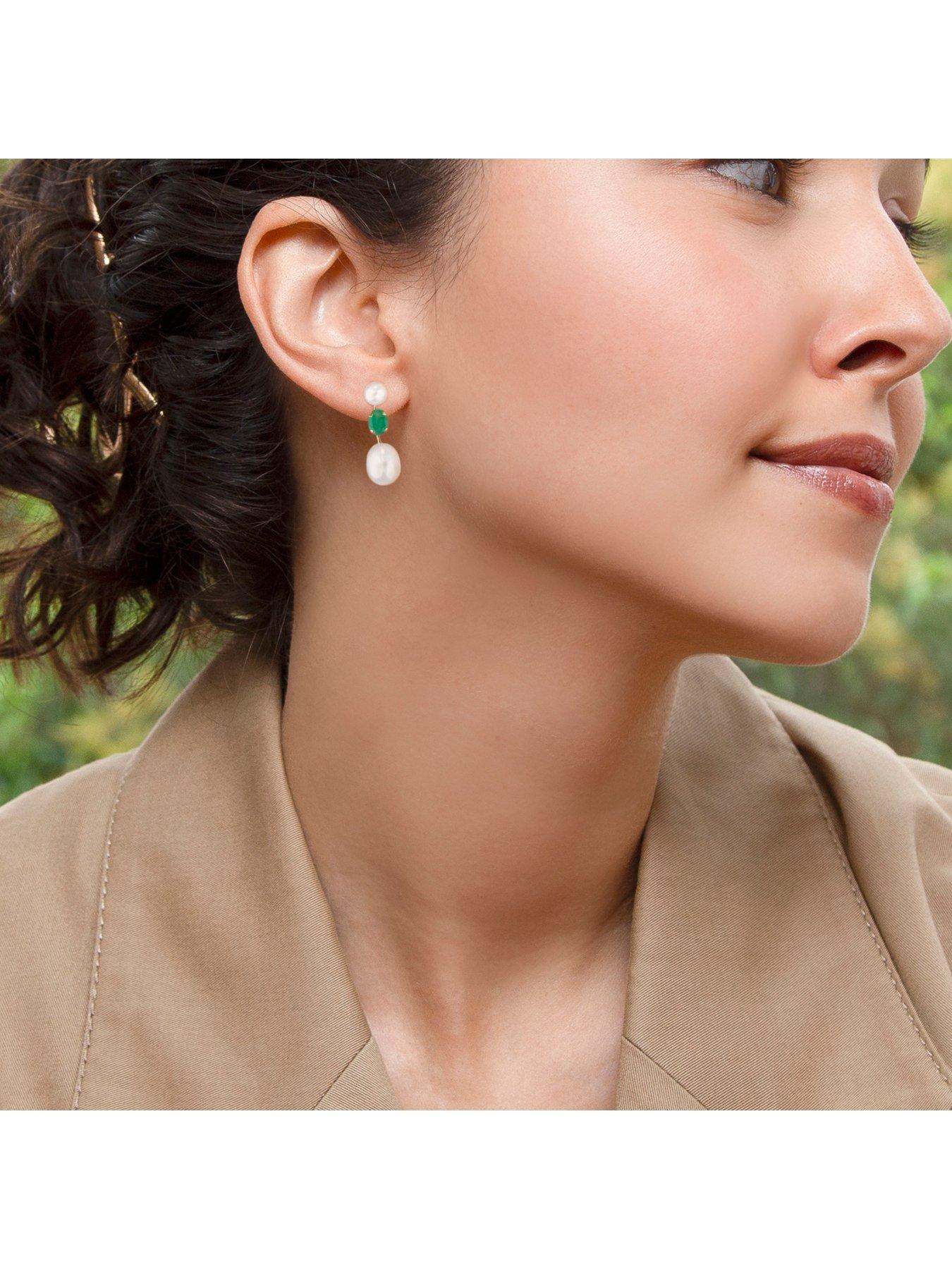 Image 5 of 5 of The Love Collection 9ct Yellow Gold Emerald and 2 Freshwater Pearls 7.5mm x 21mm Stem Drop Earrings