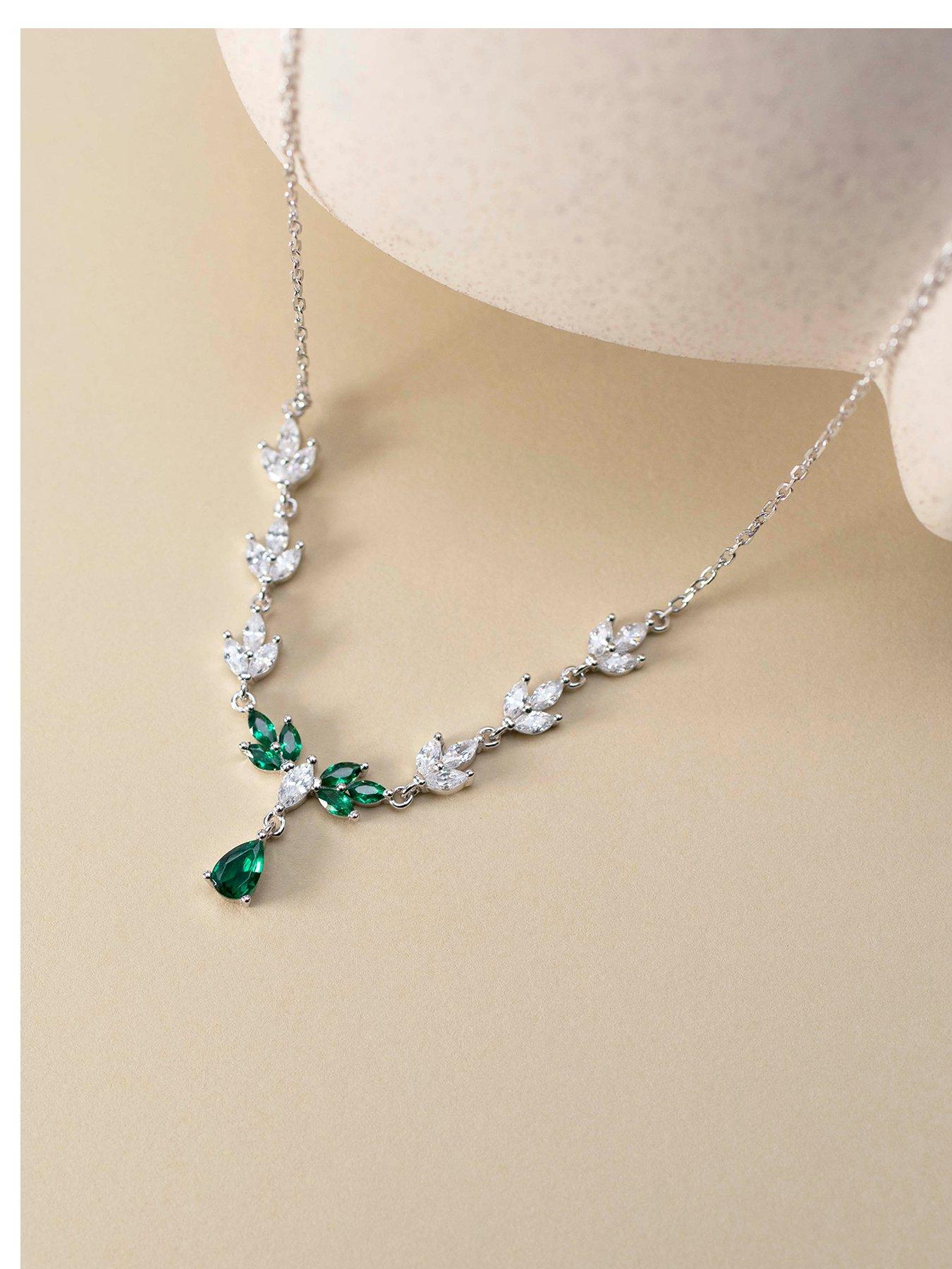 The Love Collection Sterling Silver Rhodium Plated White Marquise CZ and Marquise Green Glass Necklet 42cm/16.5'- 45cm/17.75'