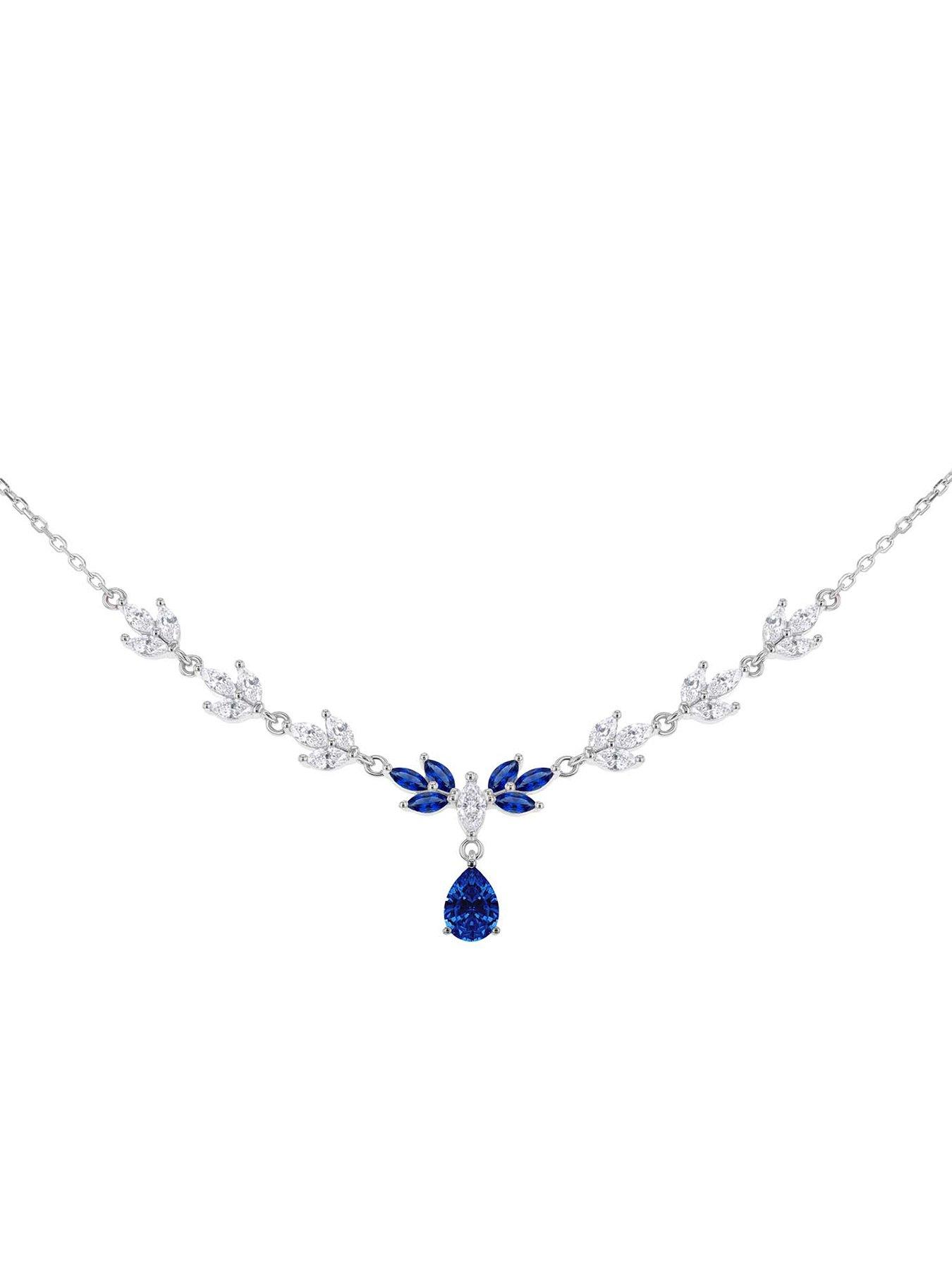 The Love Collection Sterling Silver Rhodium Plated White Marquise CZ and Marquise Blue Glass Necklet 42cm/16.5'- 45cm/17.75'
