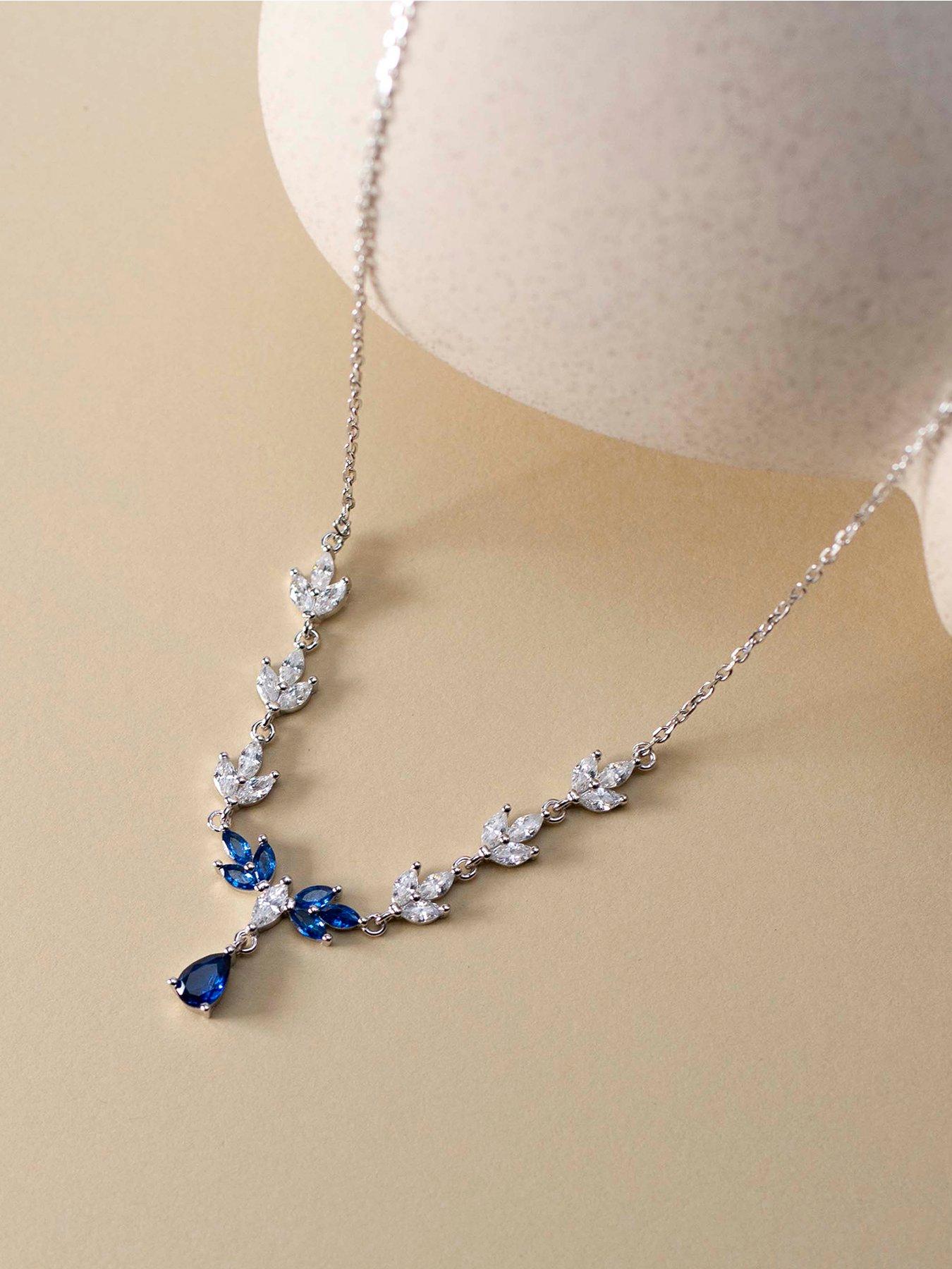 The Love Collection Sterling Silver Rhodium Plated White Marquise CZ and Marquise Blue Glass Necklet 42cm/16.5'- 45cm/17.75'
