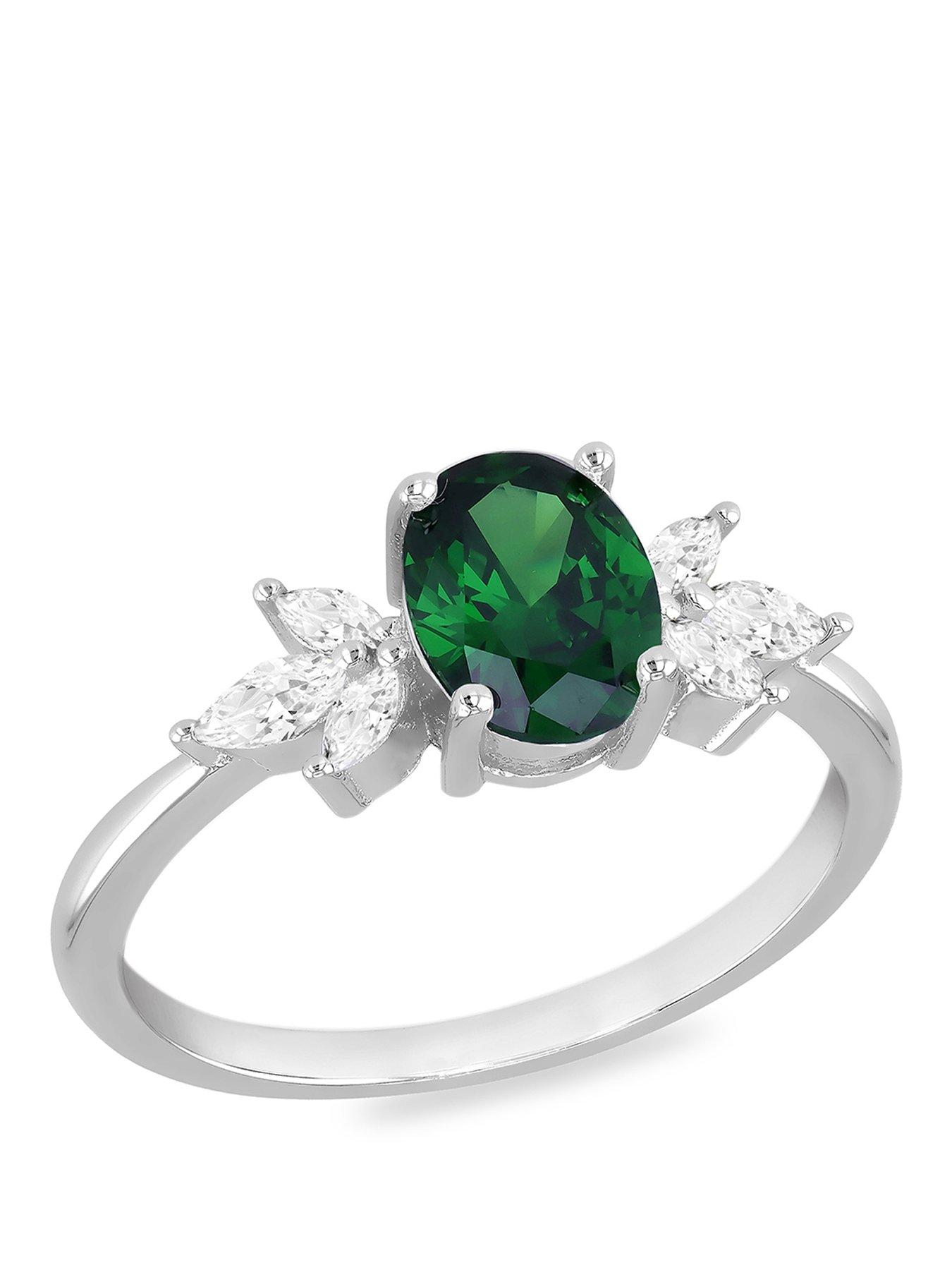 The Love Collection Sterling Silver Rhodium Plated 6x8mm Green Oval CZ and White Marquise CZ Ring