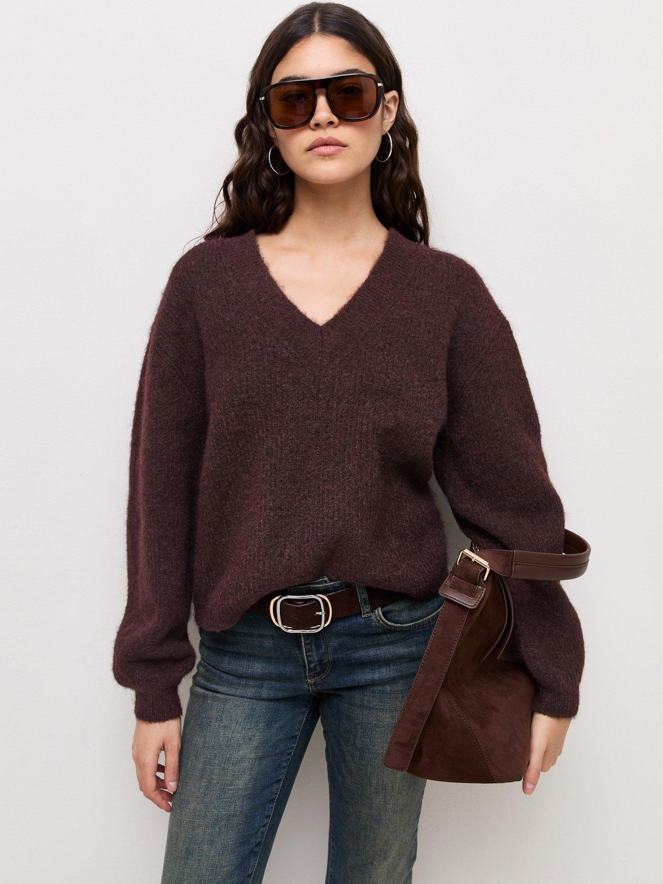Image 1 of 5 of New Look Womens Brushed Rib V-Neck Wool Blend Jumper - Brown