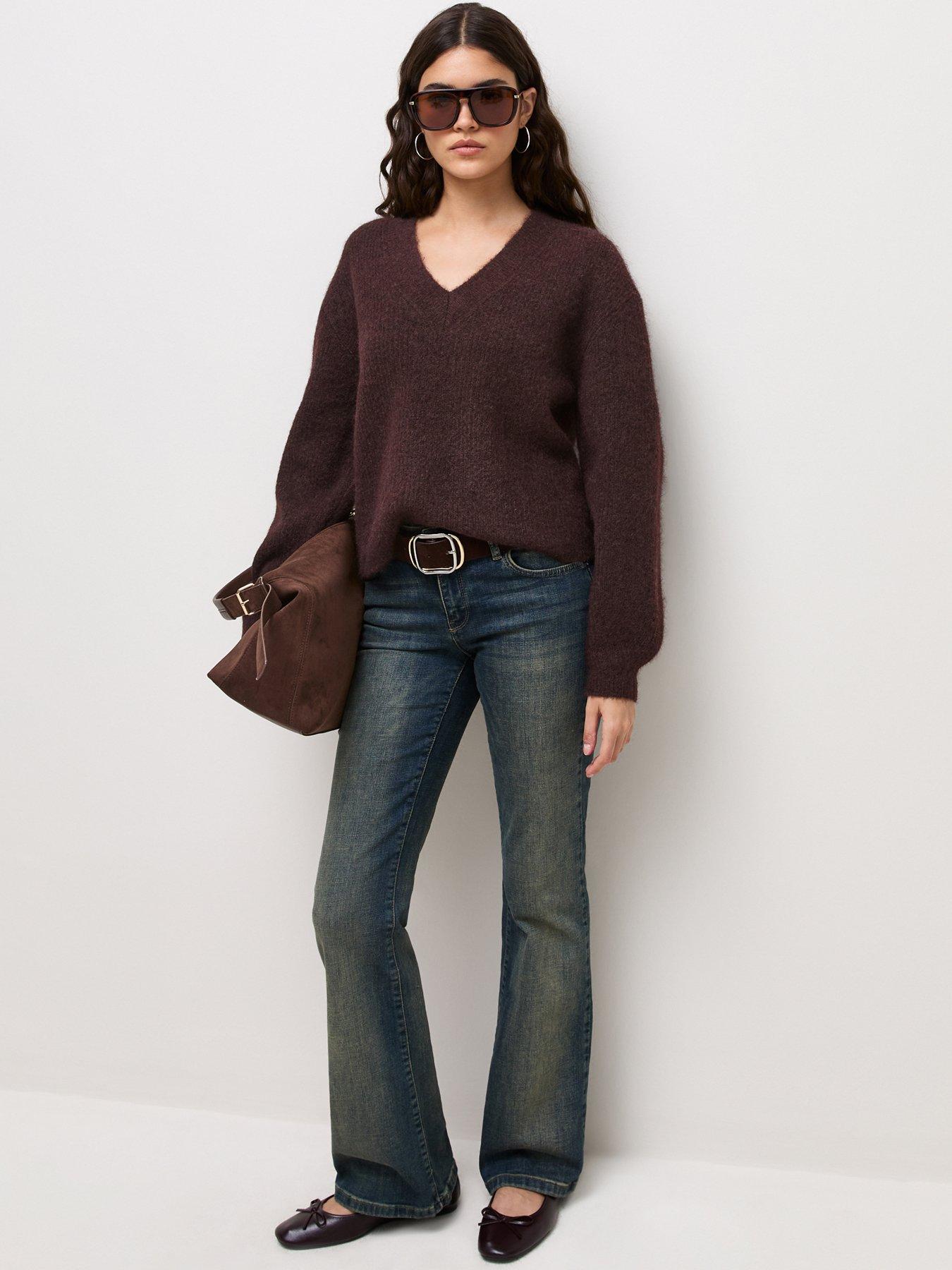 Image 3 of 5 of New Look Womens Brushed Rib V-Neck Wool Blend Jumper - Brown