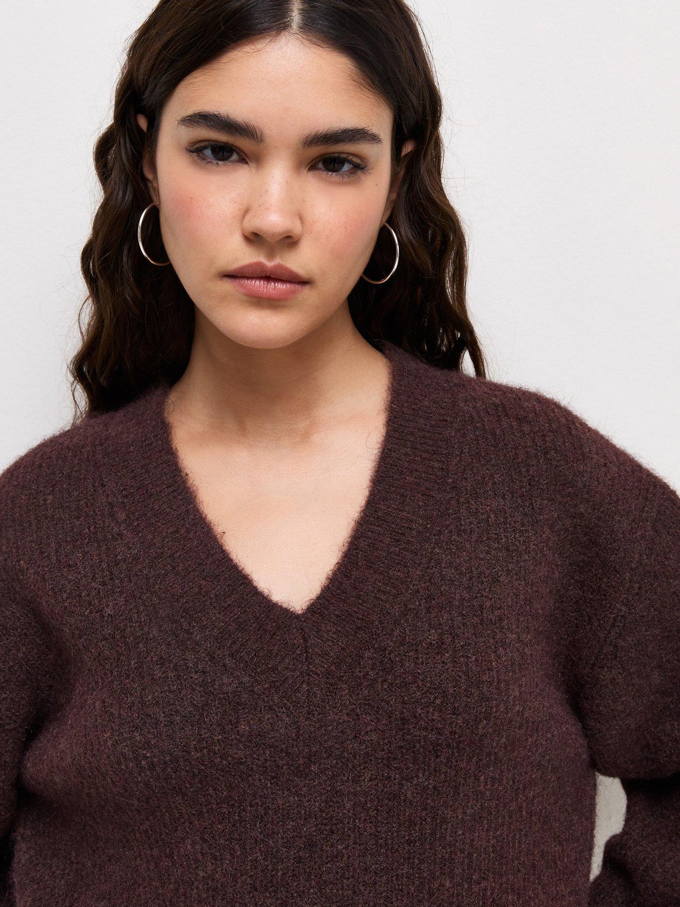 Image 4 of 5 of New Look Womens Brushed Rib V-Neck Wool Blend Jumper - Brown