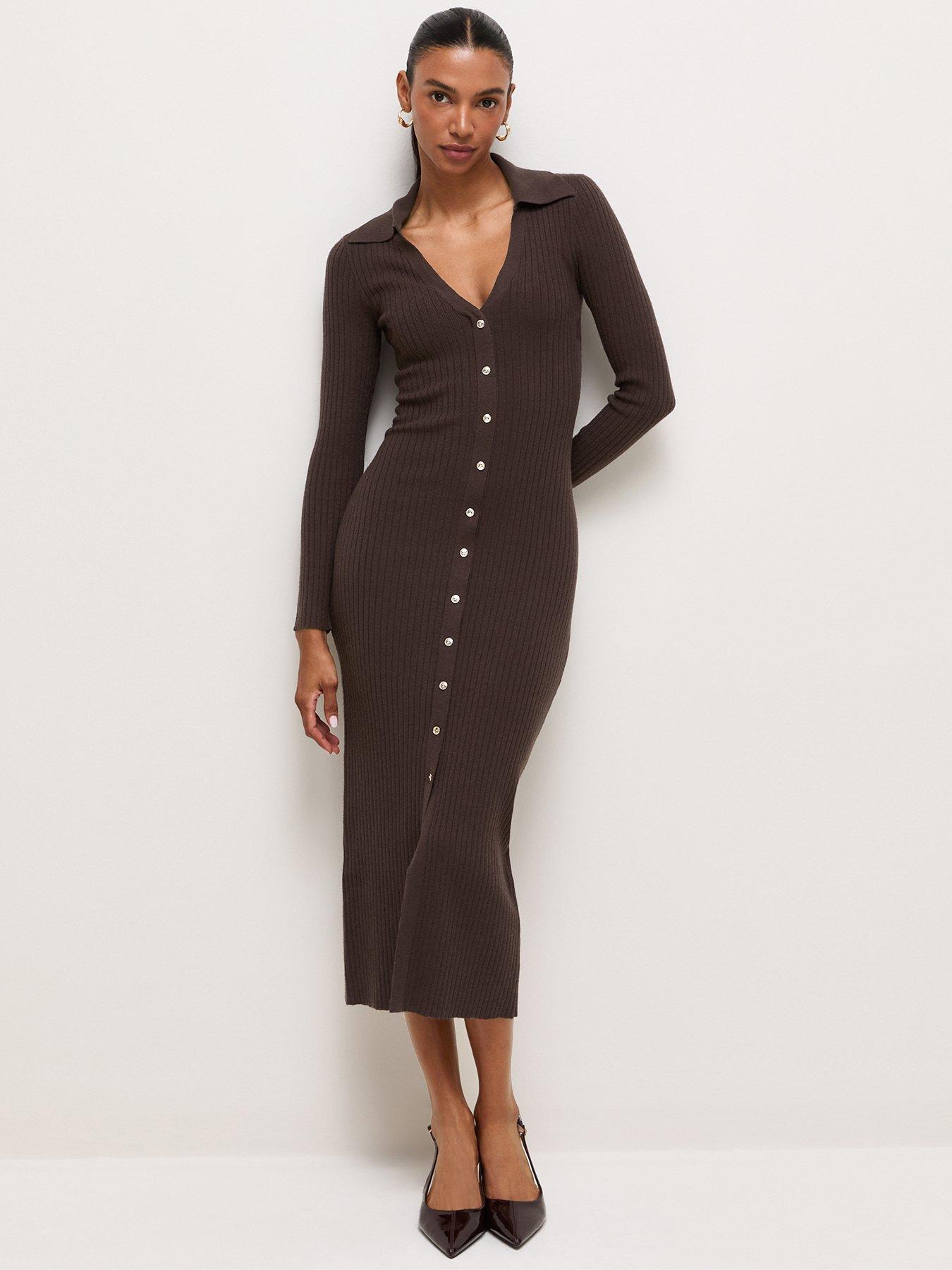 Image 1 of 6 of New Look Womens Ribbed Collared Button-Through Midi Dress - Brown