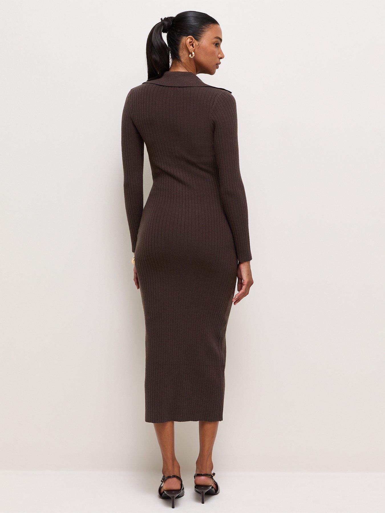 Image 2 of 6 of New Look Womens Ribbed Collared Button-Through Midi Dress - Brown