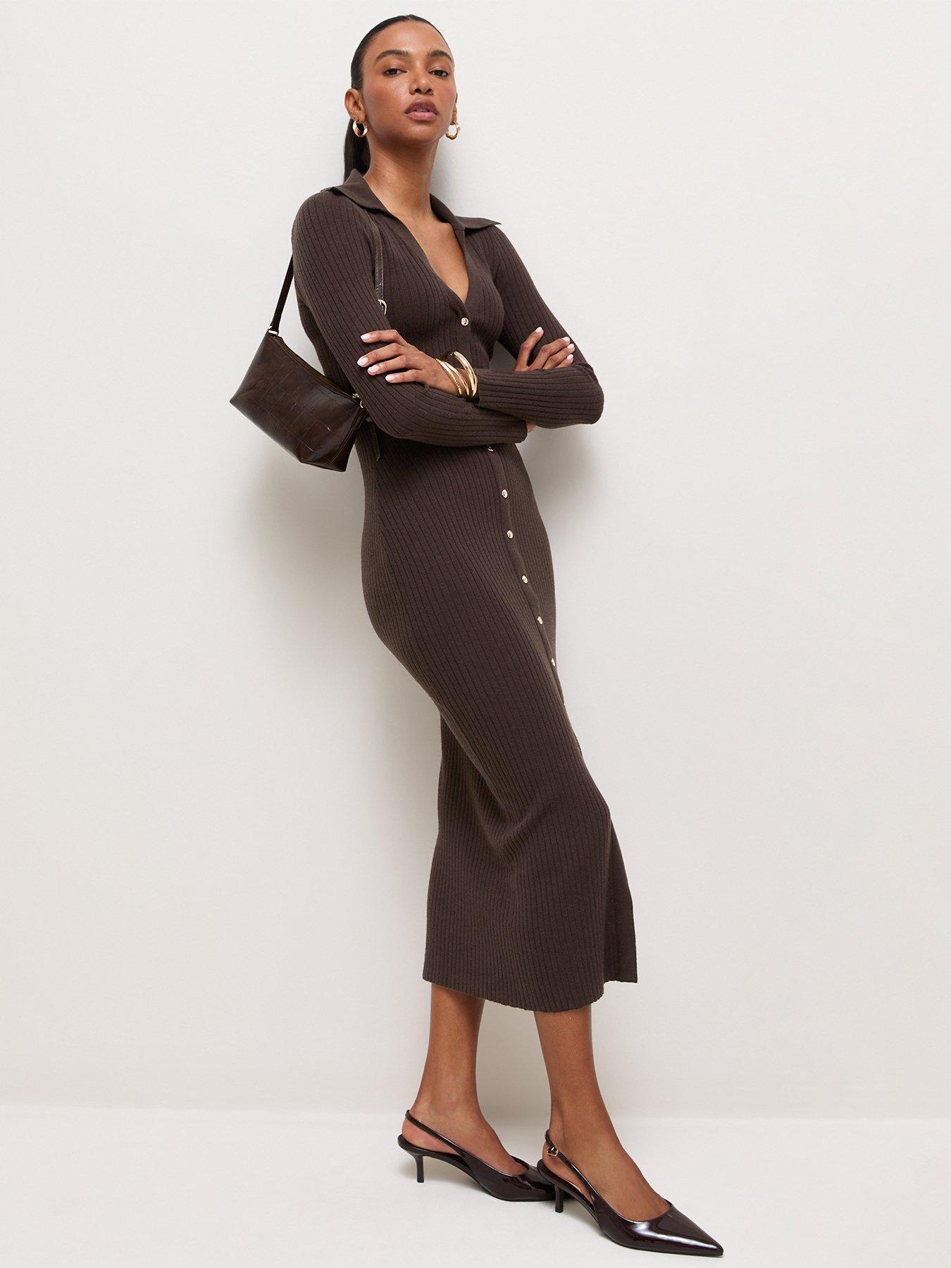 Image 3 of 6 of New Look Womens Ribbed Collared Button-Through Midi Dress - Brown