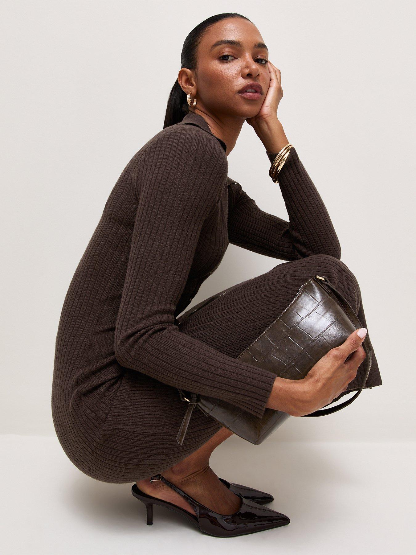 Image 4 of 6 of New Look Womens Ribbed Collared Button-Through Midi Dress - Brown