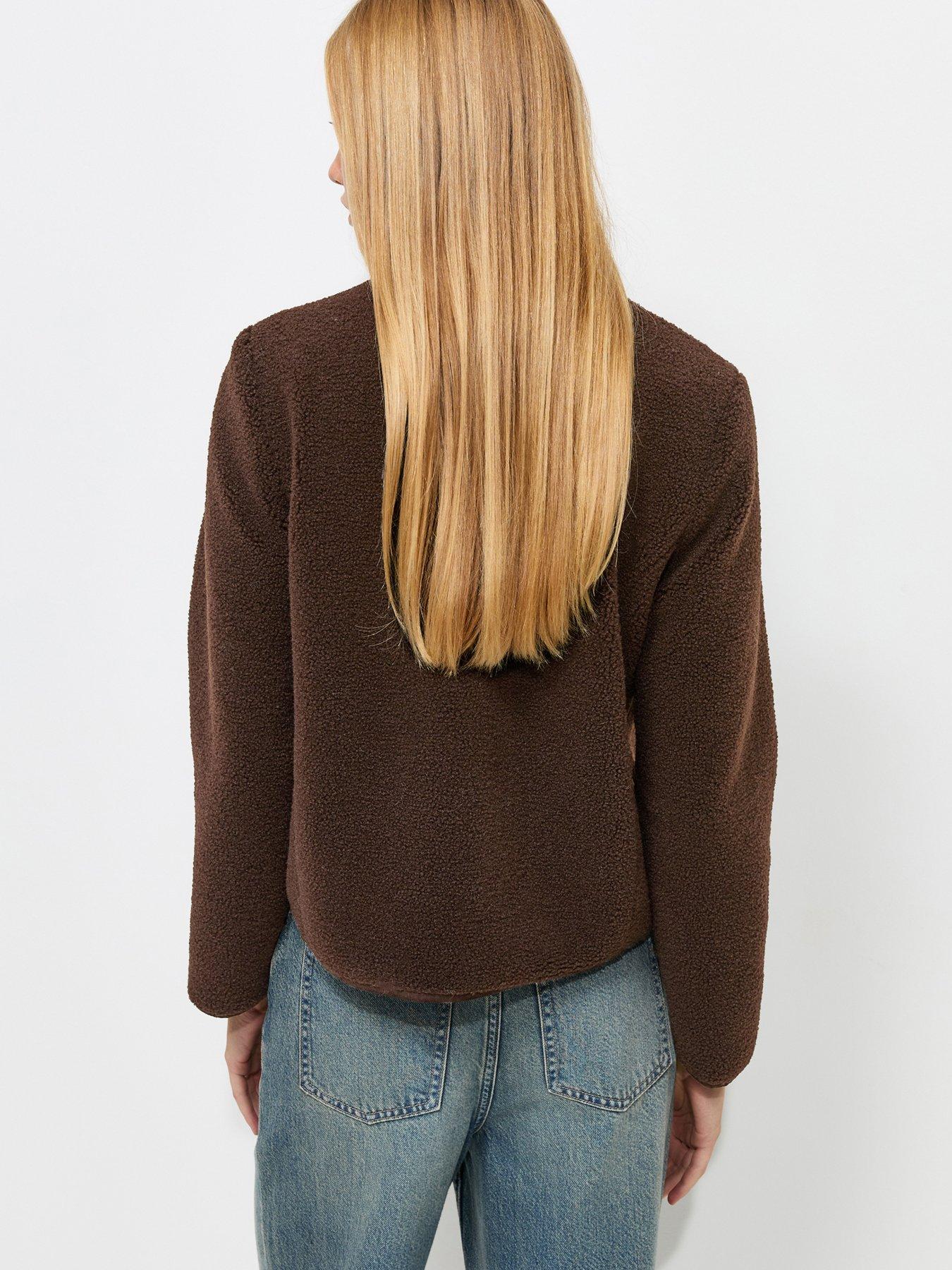 Image 2 of 6 of New Look Borg Textured Funnel Neck Buttoned Jacket - Brown