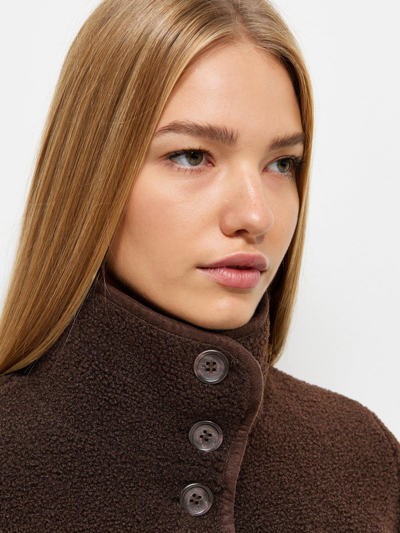 Image 4 of 6 of New Look Borg Textured Funnel Neck Buttoned Jacket - Brown