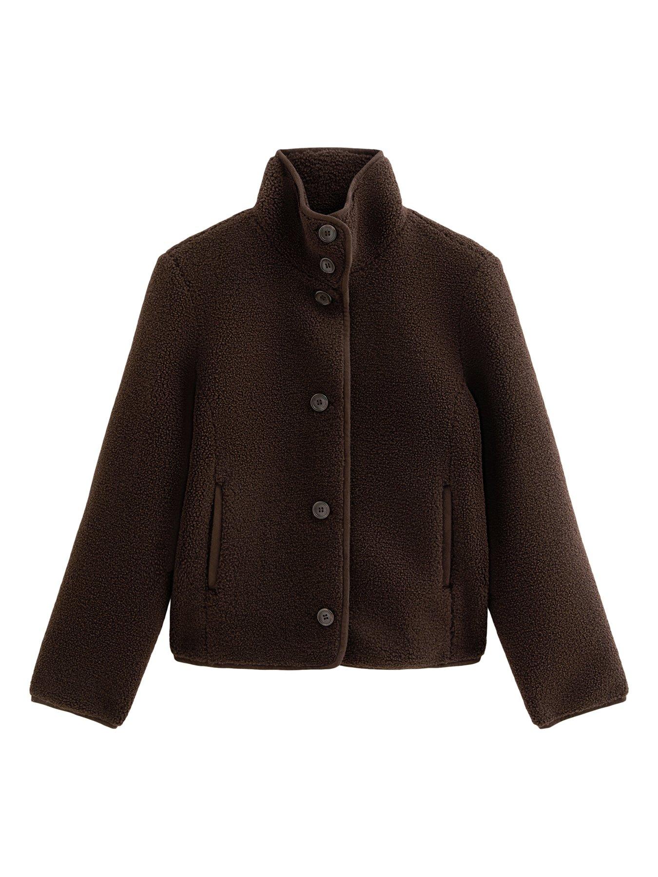 Image 5 of 6 of New Look Borg Textured Funnel Neck Buttoned Jacket - Brown