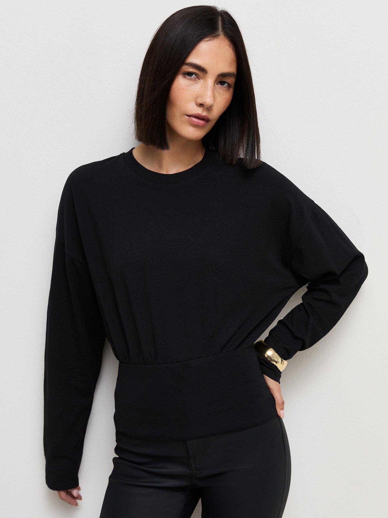 Image 1 of 6 of New Look Black Cotton Rich Long Sleeve Wide Waistband Top