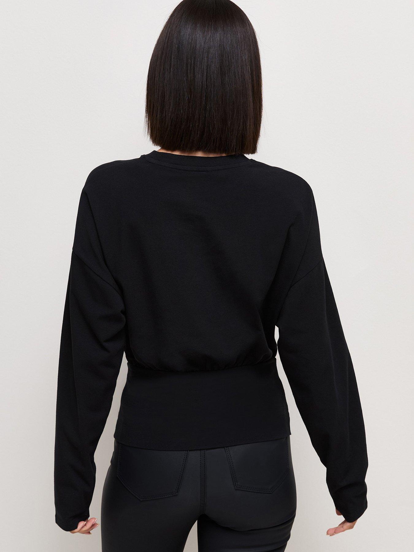 Image 2 of 6 of New Look Black Cotton Rich Long Sleeve Wide Waistband Top