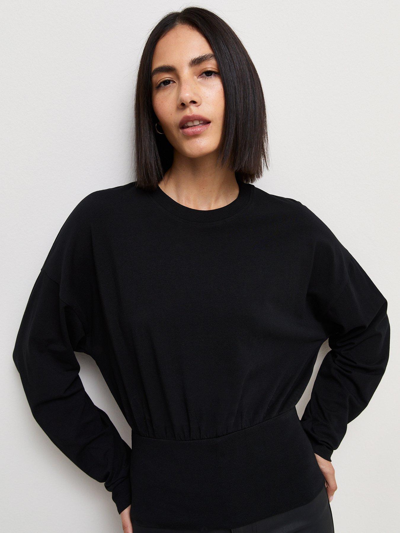 Image 5 of 6 of New Look Black Cotton Rich Long Sleeve Wide Waistband Top