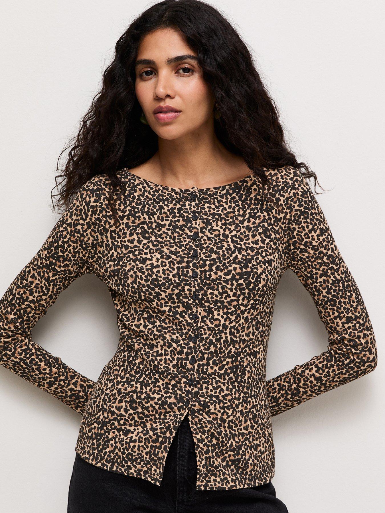New Look Animal Print Button Through Long Sleeve Top - Brown