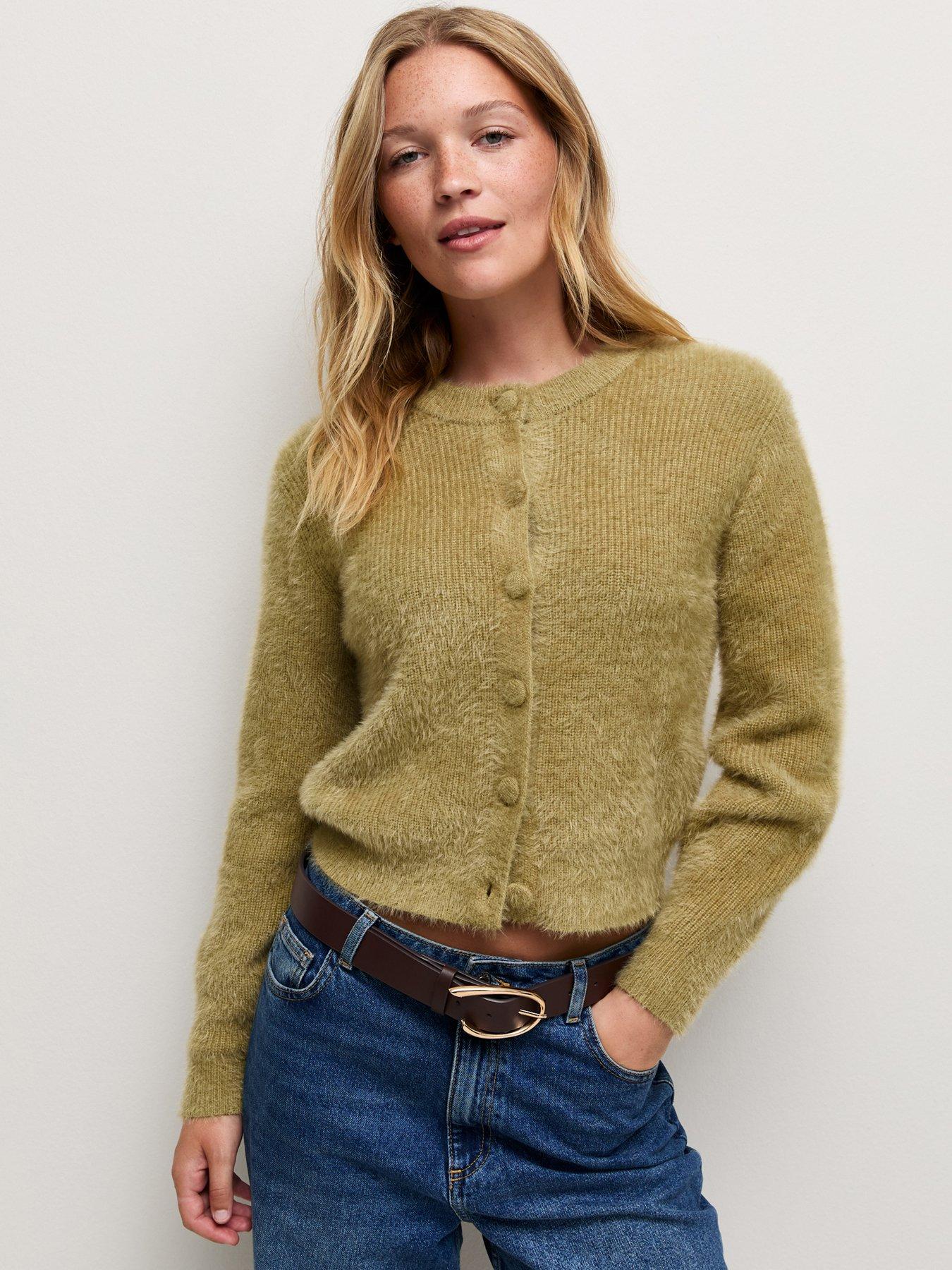 New Look Covered Button Crew Neck Cardigan - Green