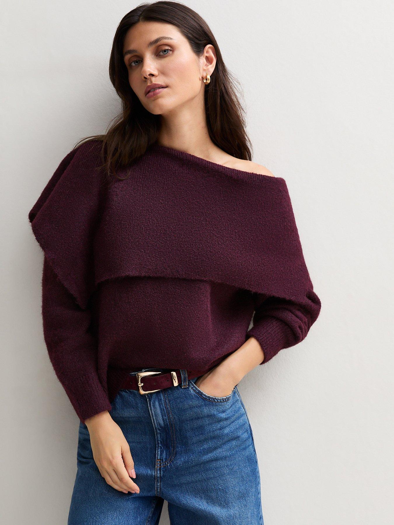 Image 1 of 6 of New Look Womens Asymmetric Bardot Collar Jumper - Burgundy