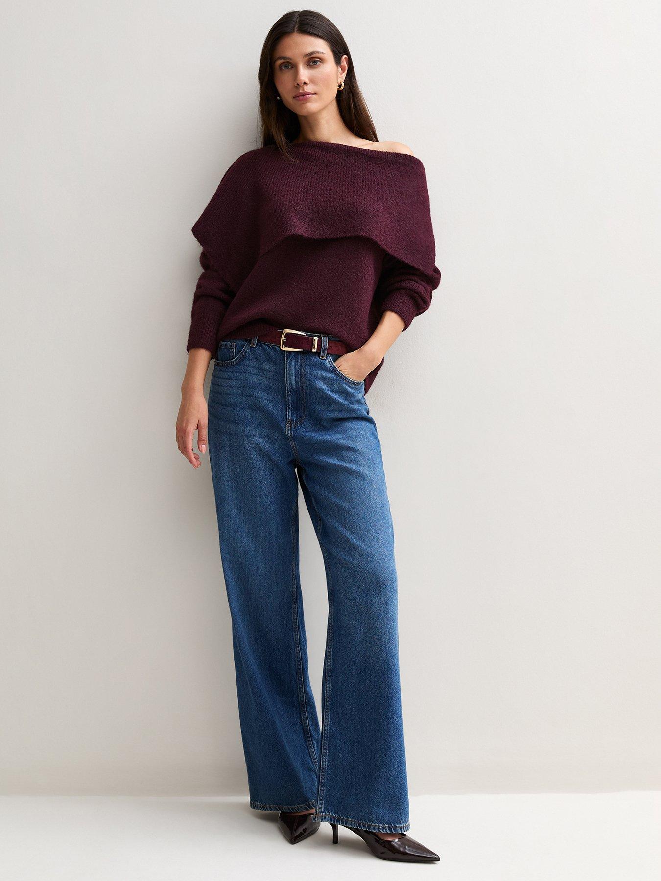 Image 3 of 6 of New Look Womens Asymmetric Bardot Collar Jumper - Burgundy
