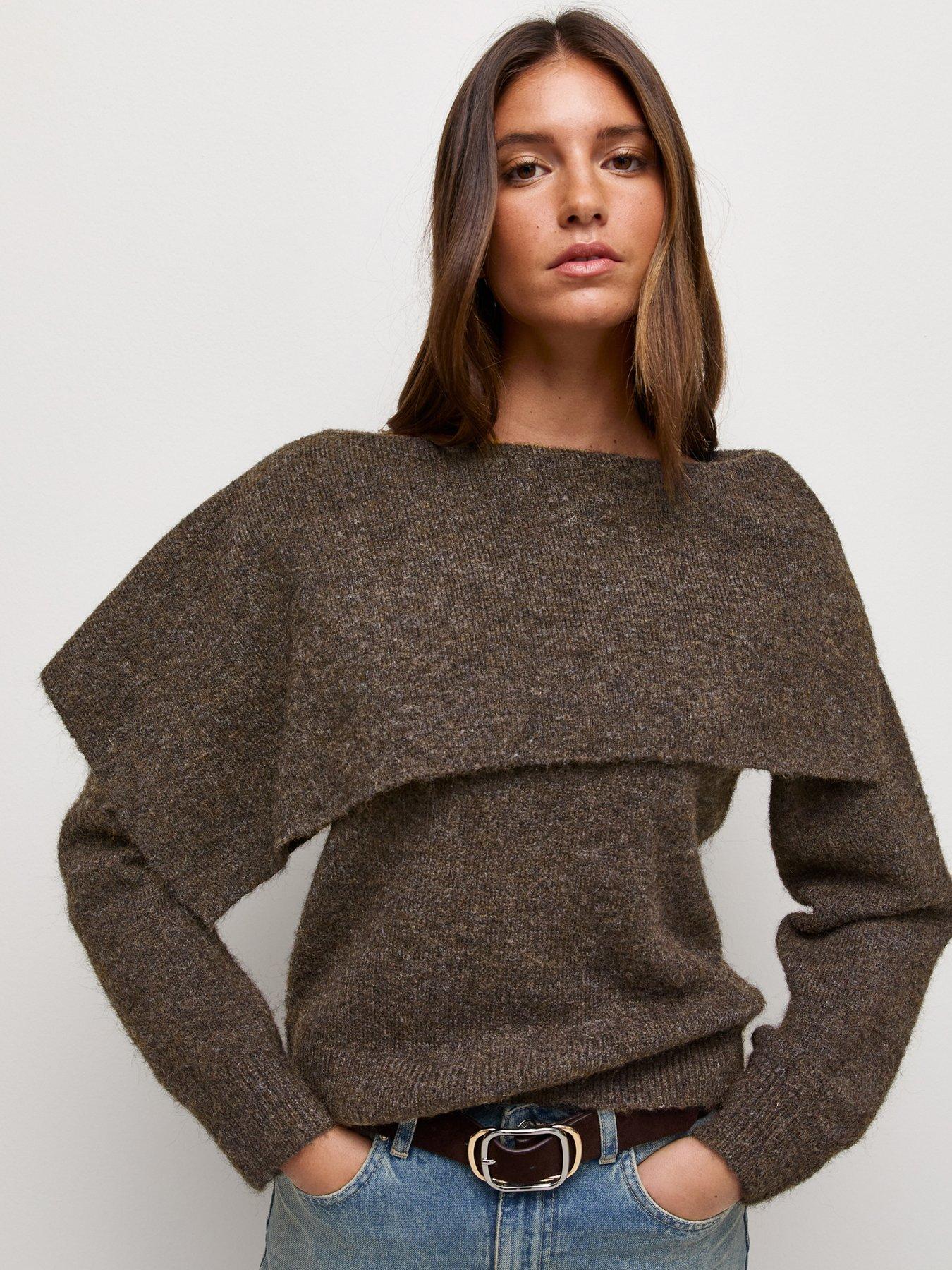 Image 1 of 5 of New Look Womens Bardot Asymmetric Collar Soft-Touch Jumper - Brown
