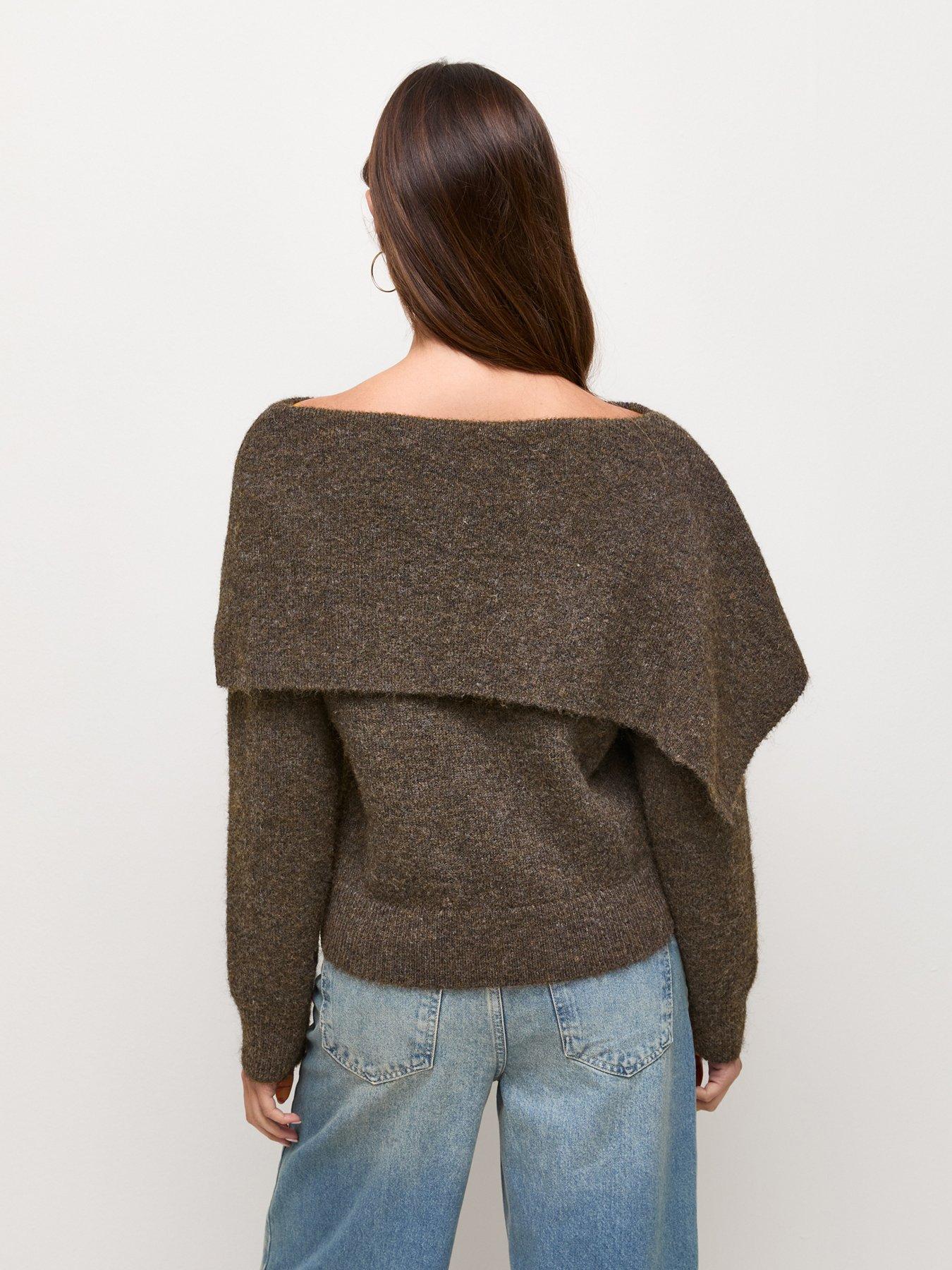 Image 2 of 5 of New Look Womens Bardot Asymmetric Collar Soft-Touch Jumper - Brown