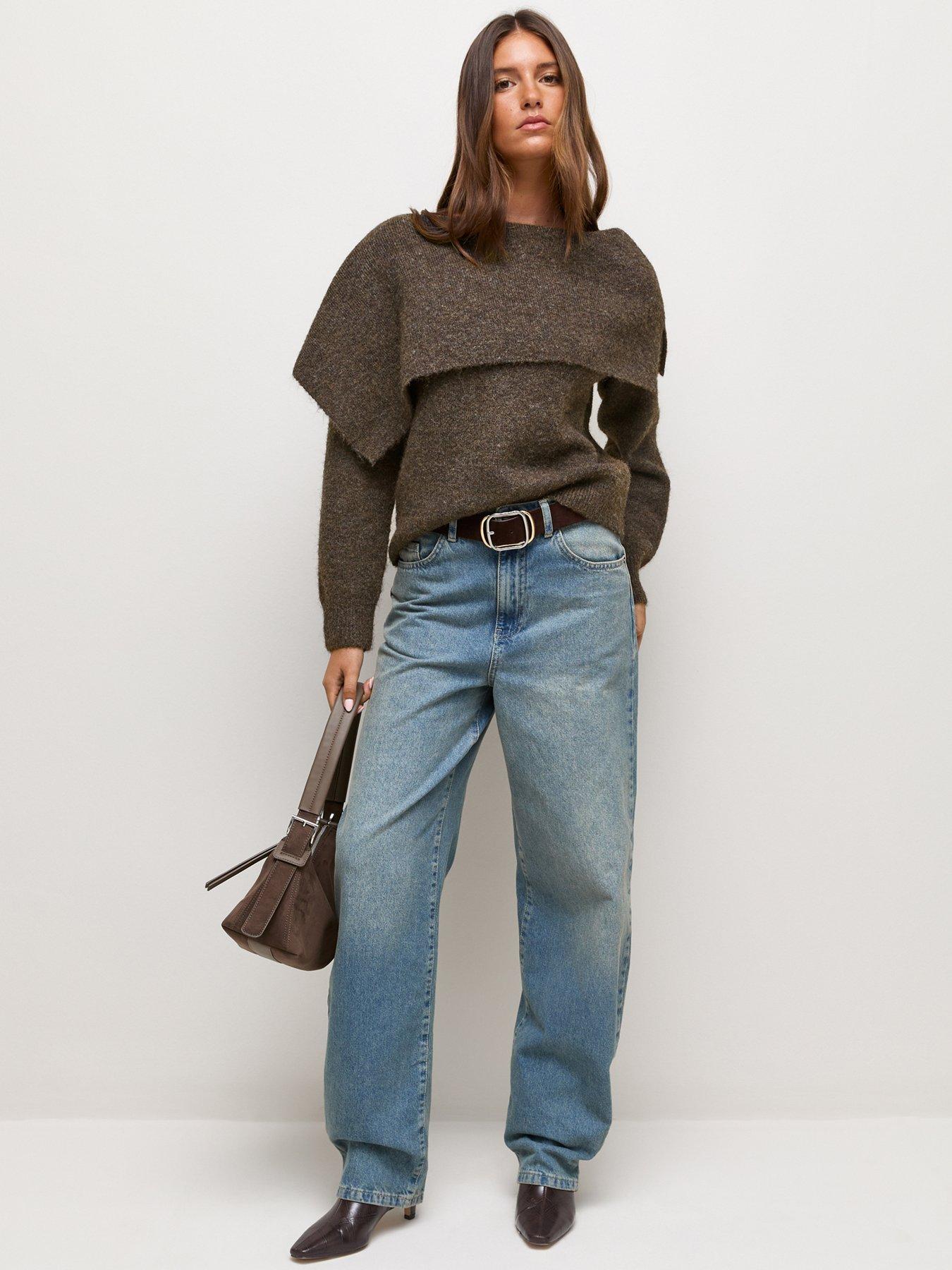 Image 3 of 5 of New Look Womens Bardot Asymmetric Collar Soft-Touch Jumper - Brown