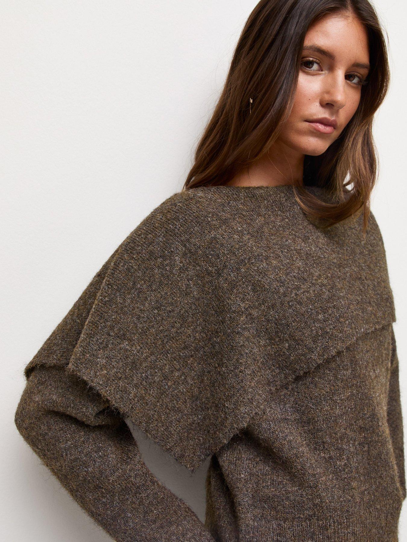 Image 4 of 5 of New Look Womens Bardot Asymmetric Collar Soft-Touch Jumper - Brown