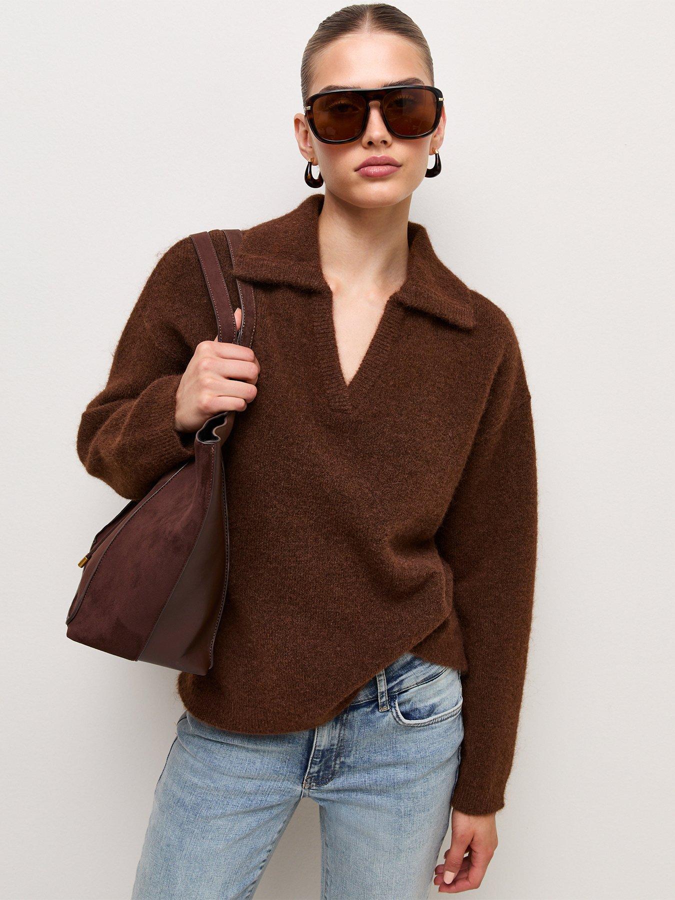 Image 1 of 6 of New Look Womens Polo Collar V-Neck Wool Blend Jumper - Brown