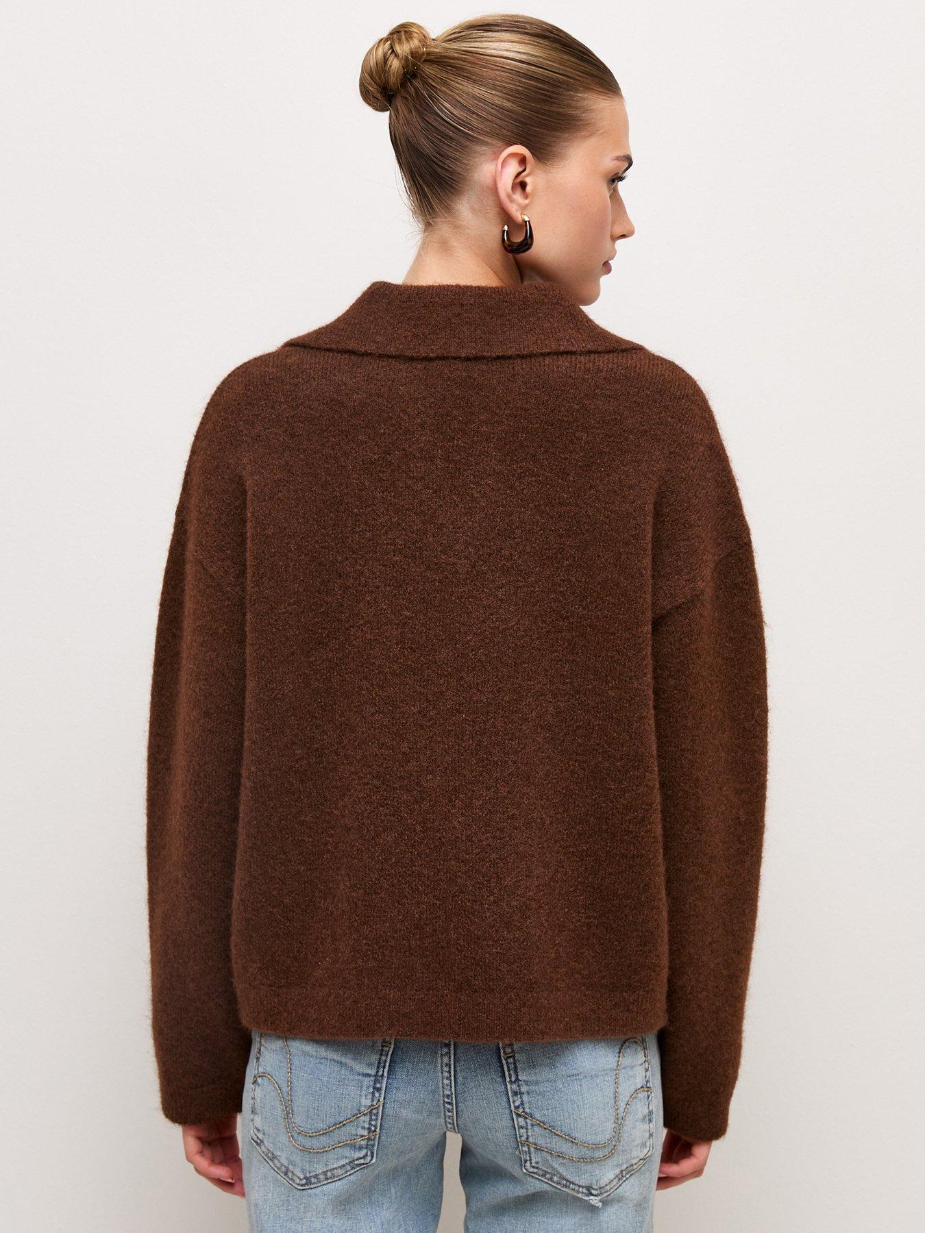 Image 2 of 6 of New Look Womens Polo Collar V-Neck Wool Blend Jumper - Brown