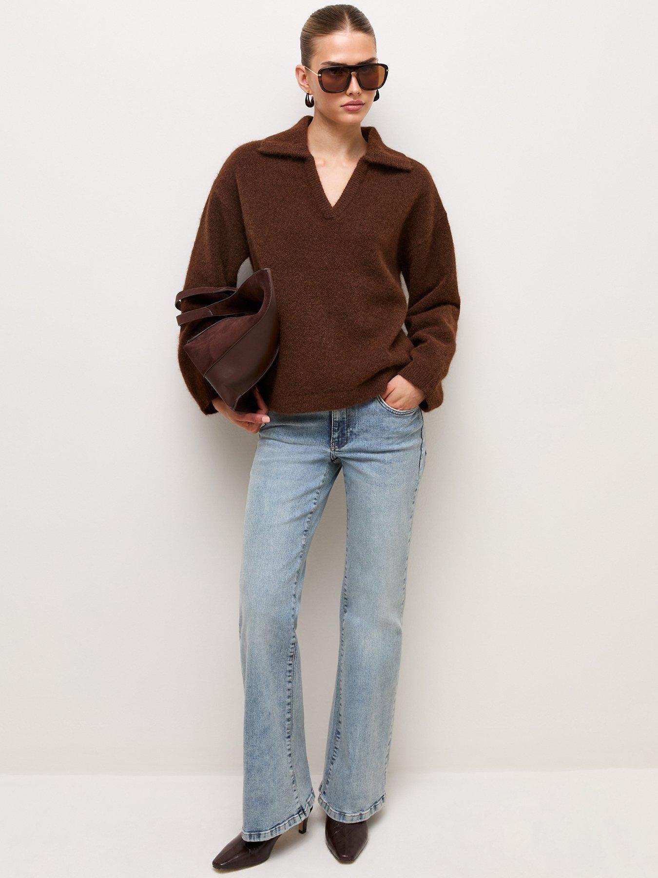 Image 3 of 6 of New Look Womens Polo Collar V-Neck Wool Blend Jumper - Brown