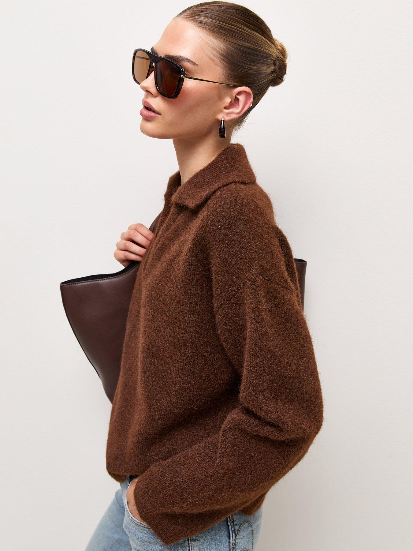 Image 4 of 6 of New Look Womens Polo Collar V-Neck Wool Blend Jumper - Brown