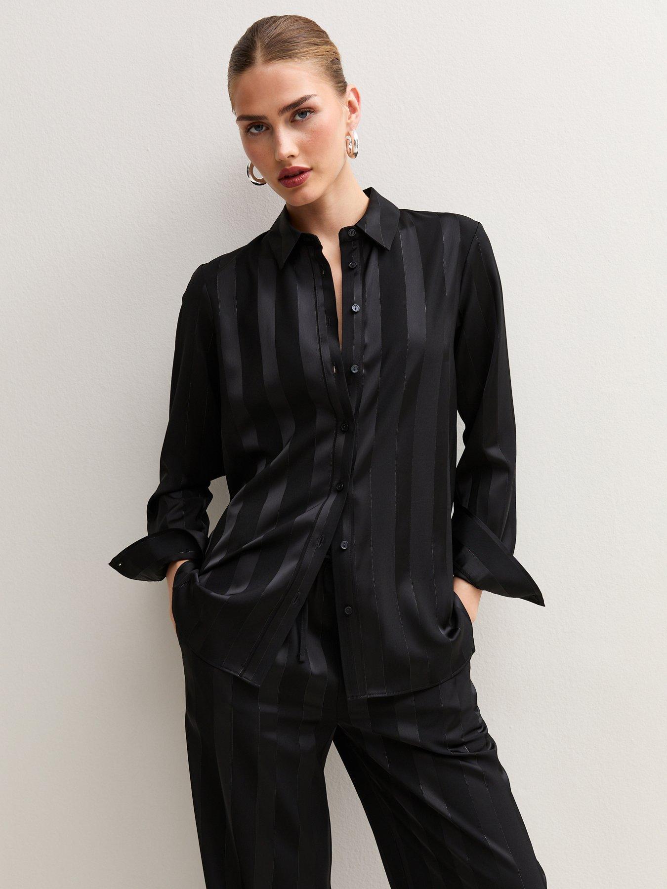 Image 1 of 5 of New Look Womens Satin-Look Tonal Stripe Button-Through Shirt - Black