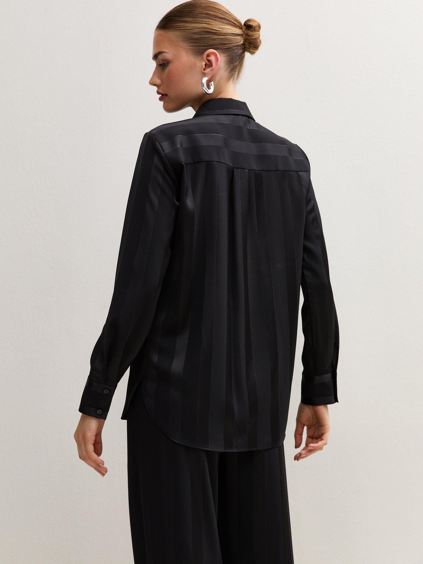 Image 2 of 5 of New Look Womens Satin-Look Tonal Stripe Button-Through Shirt - Black