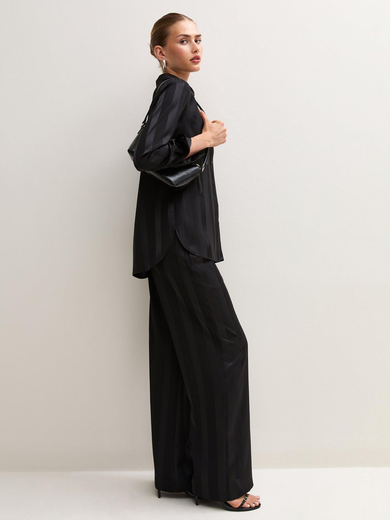 Image 3 of 5 of New Look Womens Satin-Look Tonal Stripe Button-Through Shirt - Black