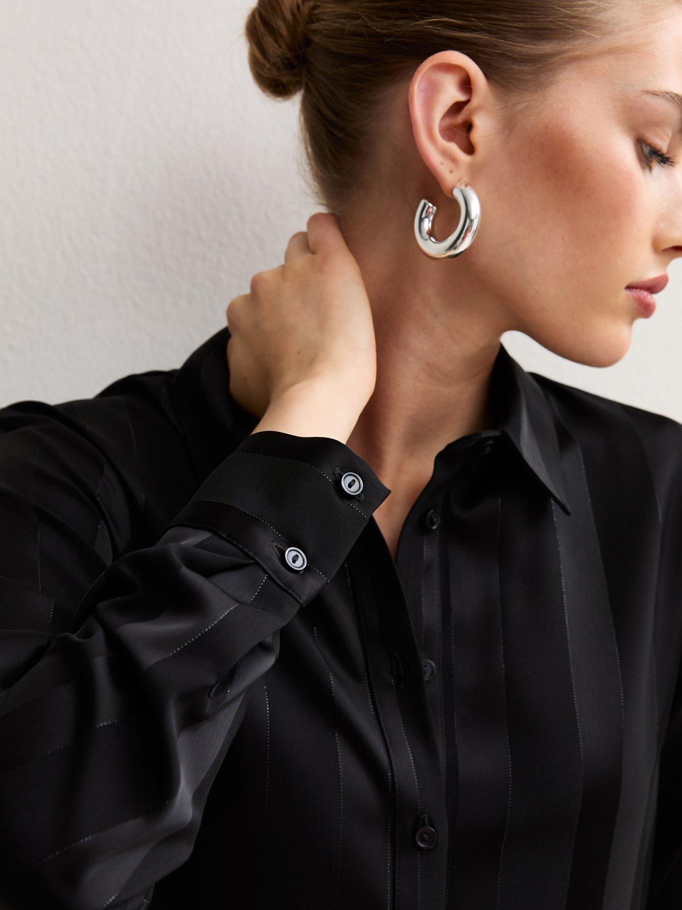 Image 4 of 5 of New Look Womens Satin-Look Tonal Stripe Button-Through Shirt - Black