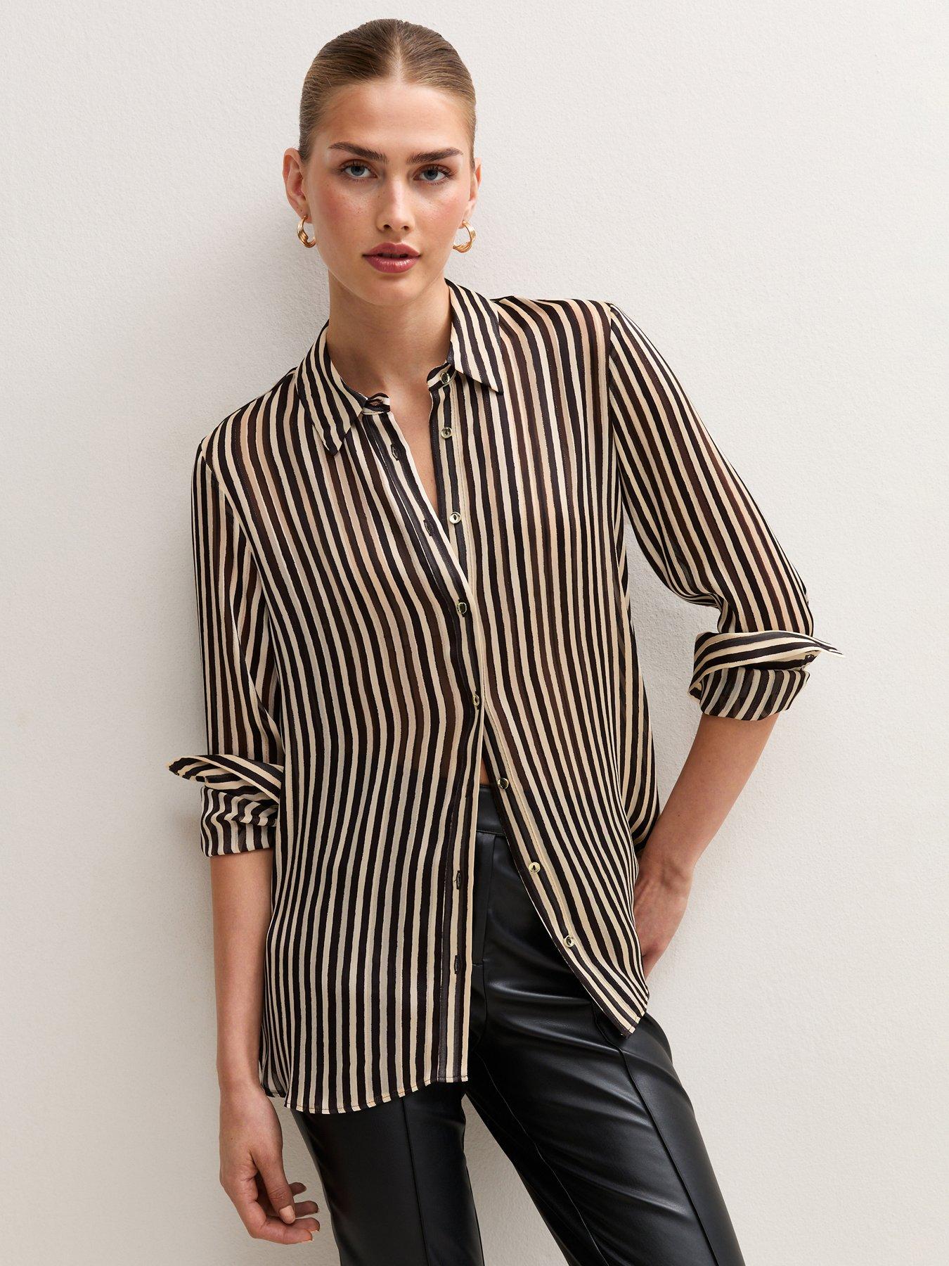 Image 1 of 6 of New Look Womens Brown Striped Satin Oversized Shirt