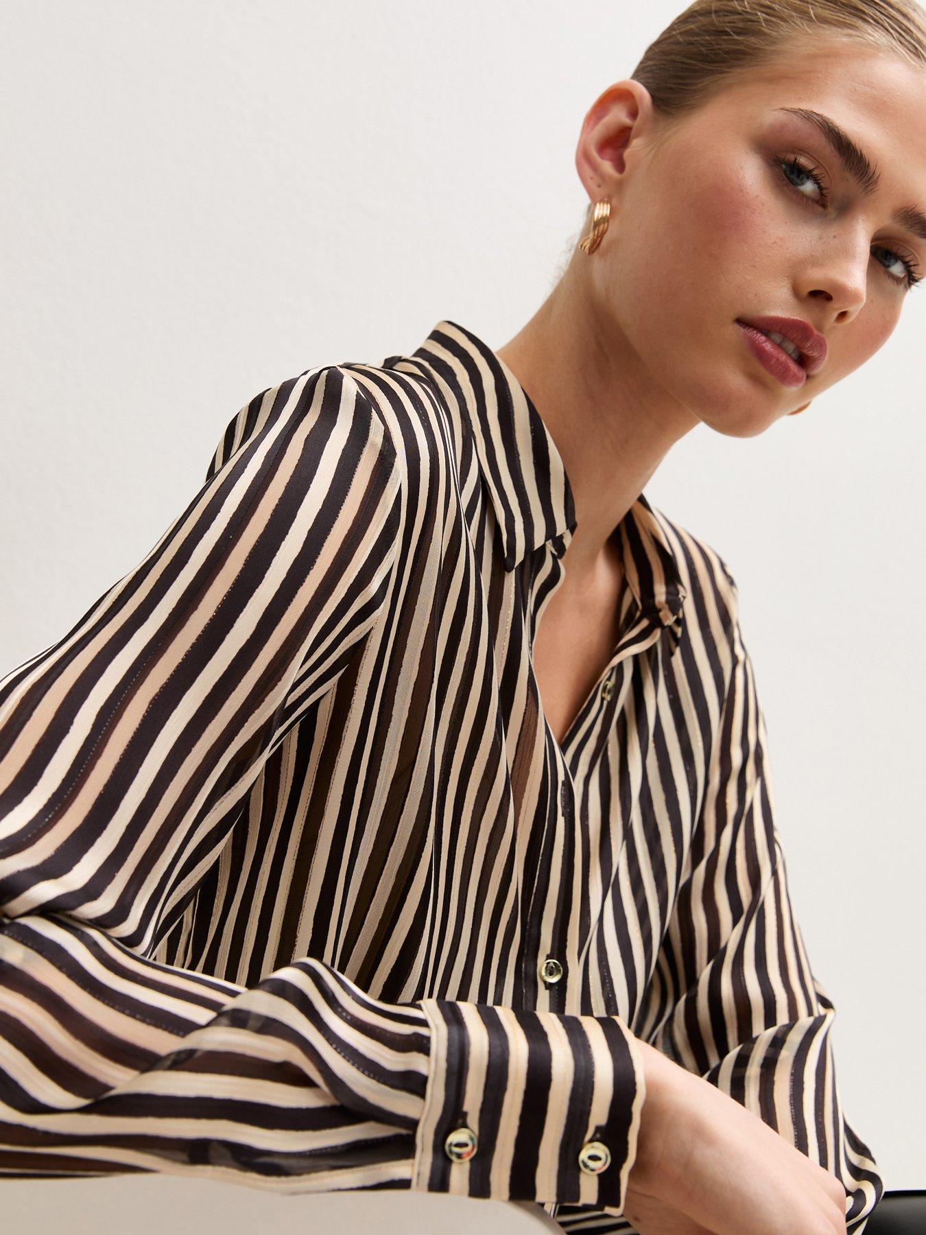 Image 4 of 6 of New Look Womens Brown Striped Satin Oversized Shirt