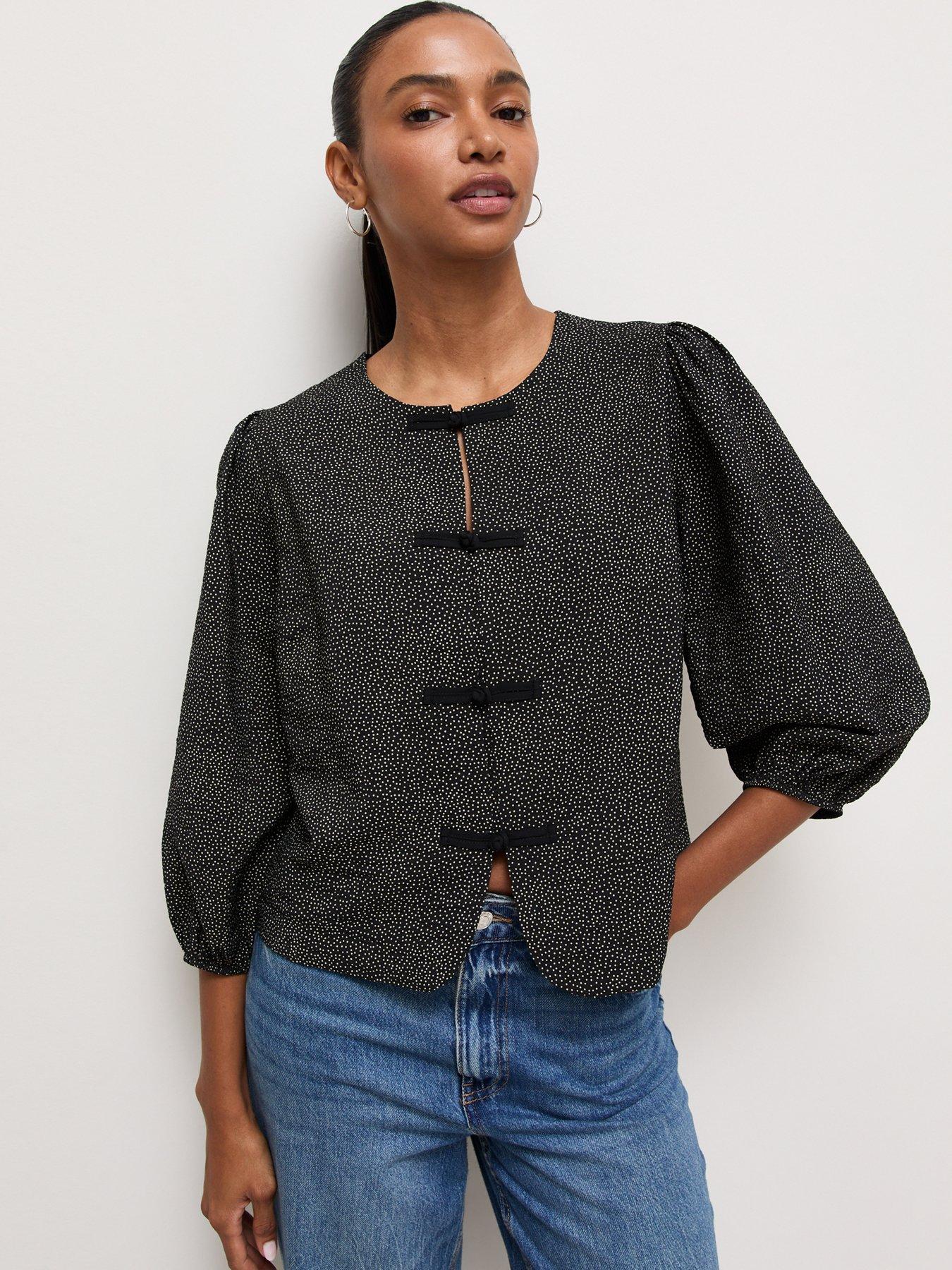 Image 1 of 5 of New Look Womens Spot Print Knot Front 3/4 Sleeve Blouse - Black