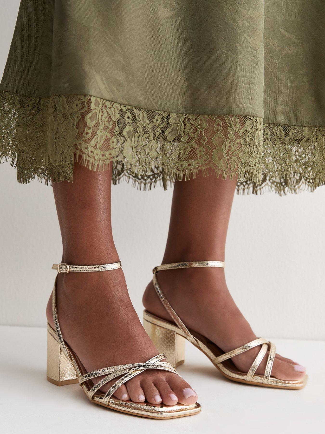 Image 1 of 5 of New Look Womens Extra Wide Fit Snake Embossed Block Heel Sandals - Gold