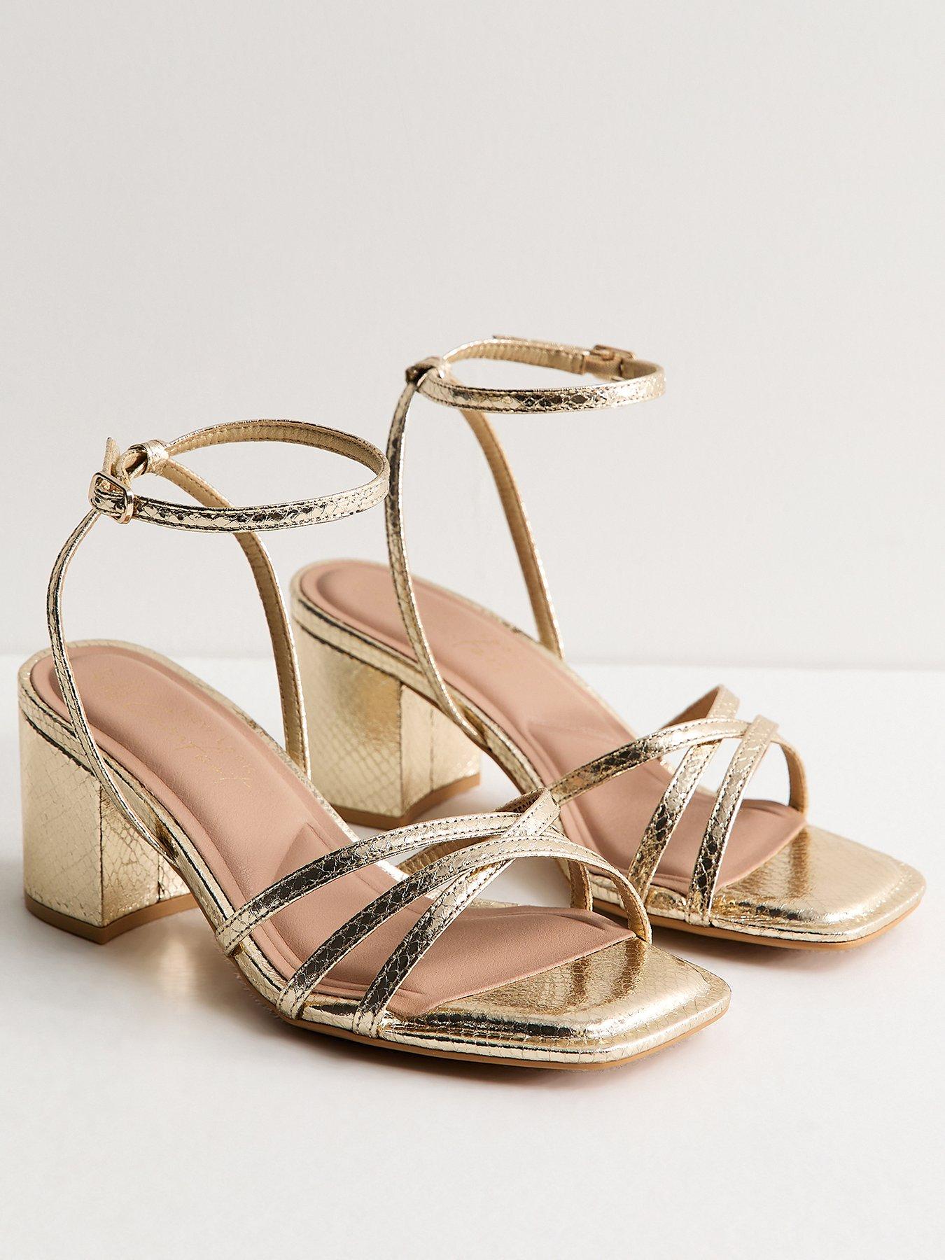 Image 3 of 5 of New Look Womens Extra Wide Fit Snake Embossed Block Heel Sandals - Gold