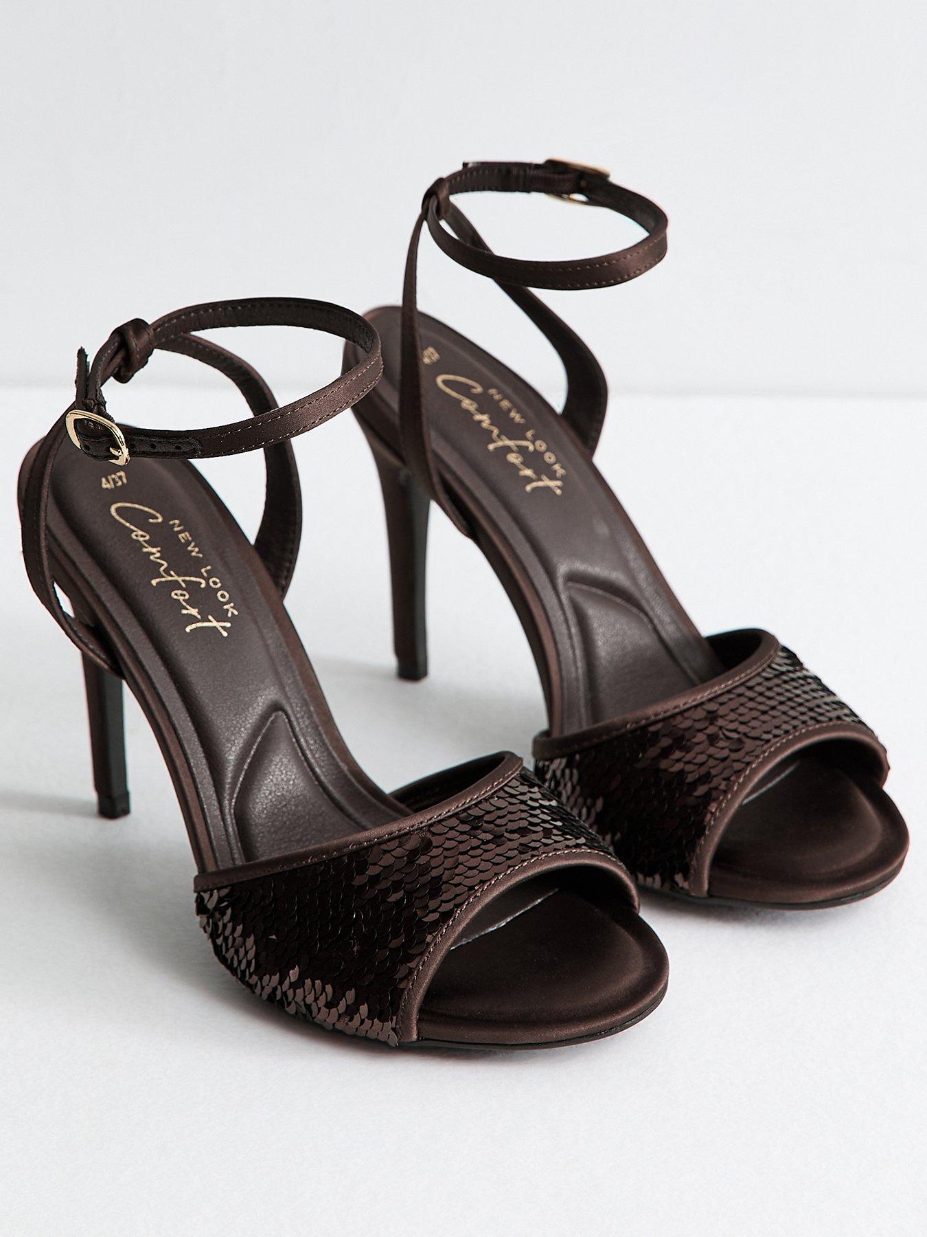 Image 3 of 5 of New Look Womens Sequin Ankle Strap Stiletto Heeled Sandals - Brown