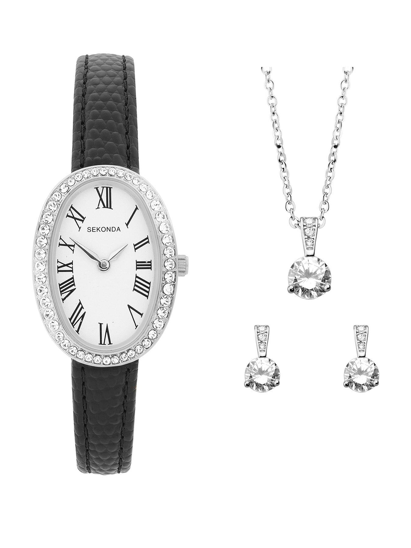 Sekonda Womens Bellamy Black Leather Strap Watch, Necklace and Earrings Gift Set