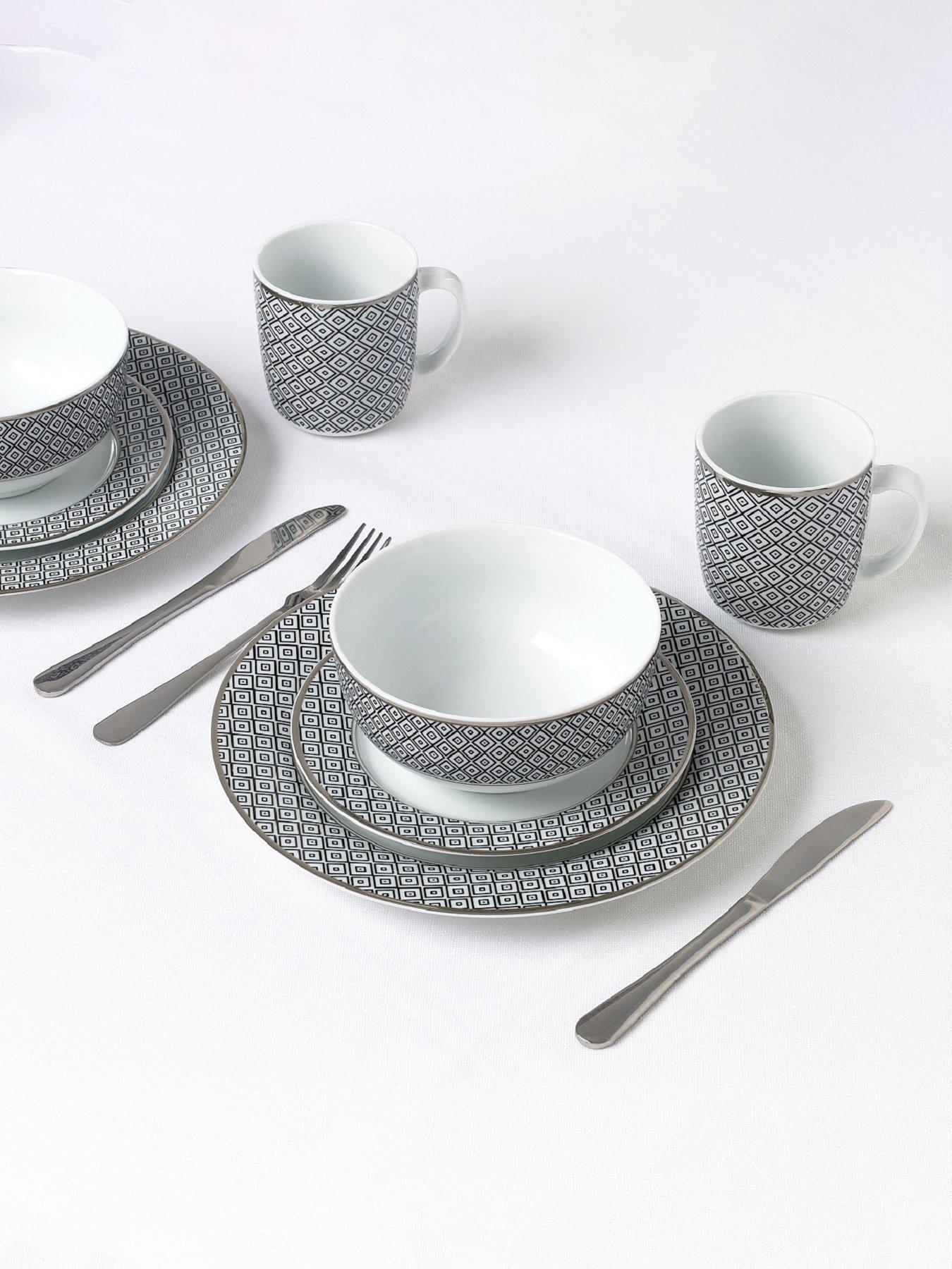 Image 1 of 4 of WATERSIDE 16pc Black Geo With Silver Rim Dinner Set