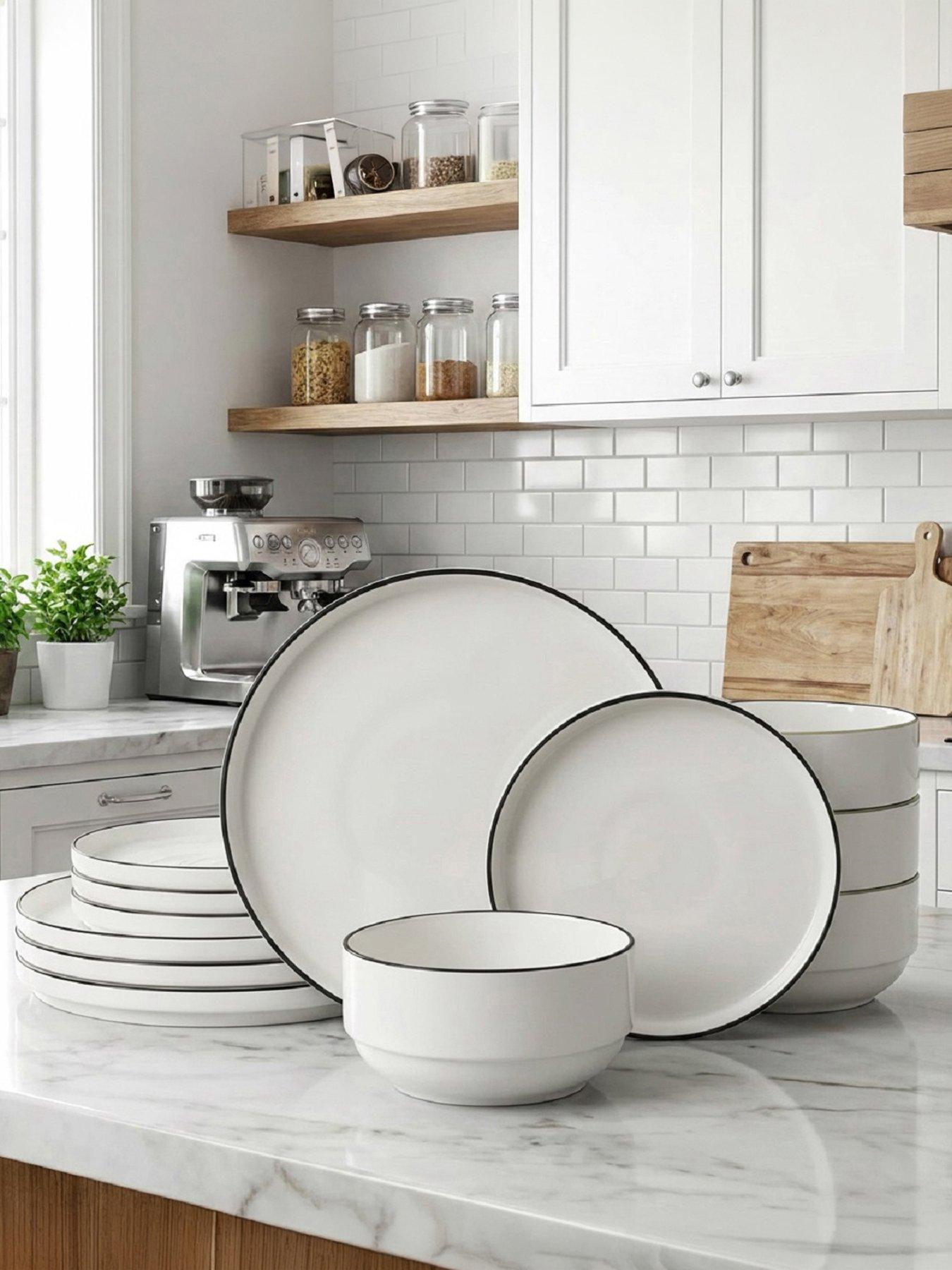 Image 1 of 3 of WATERSIDE 12pc Black Rim Stacking Dinner Set