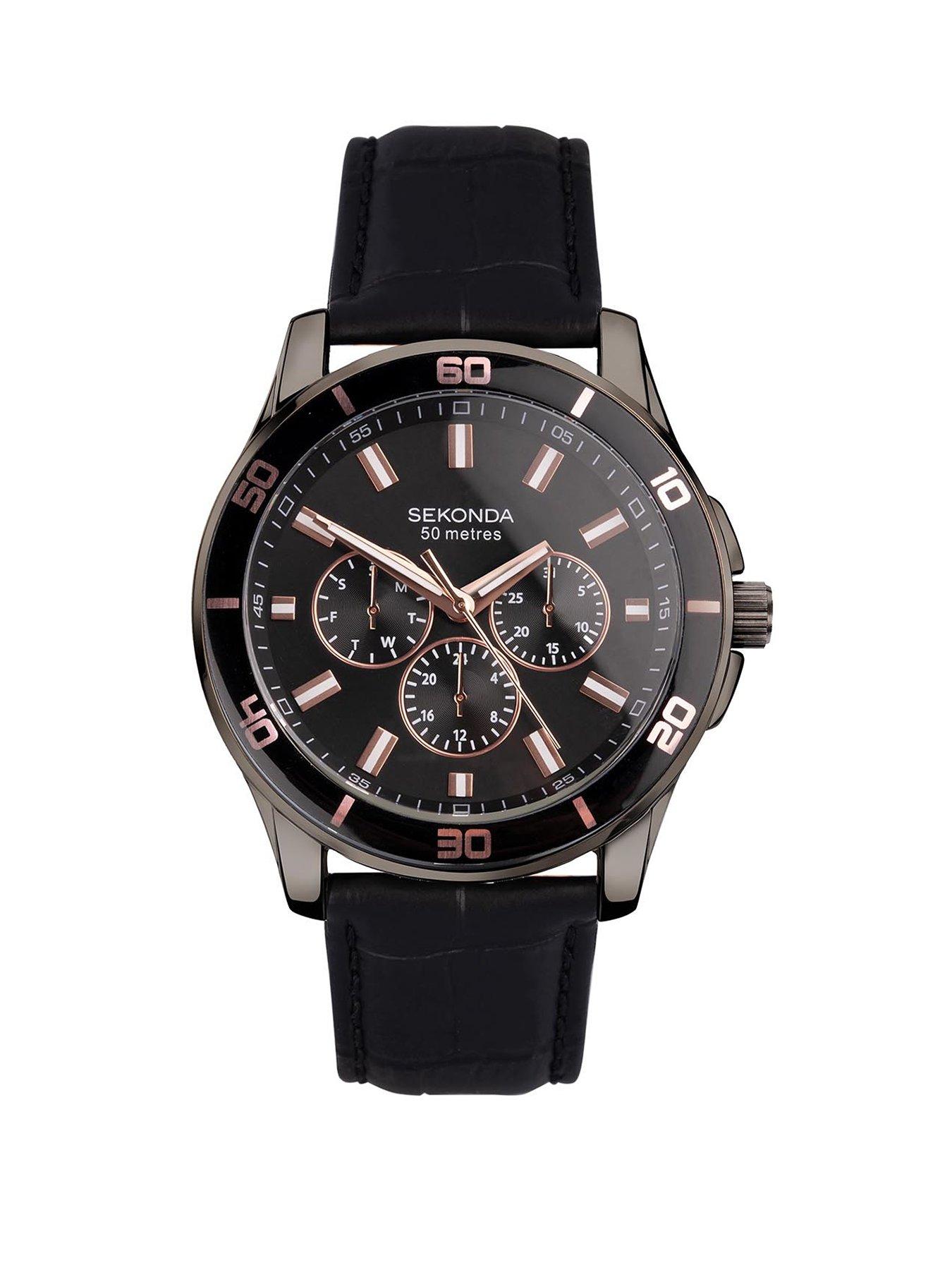 Sekonda Sekonda Mens Midnight Black Leather Strap with Multifunction Black Sunray Dial Analogue Watch