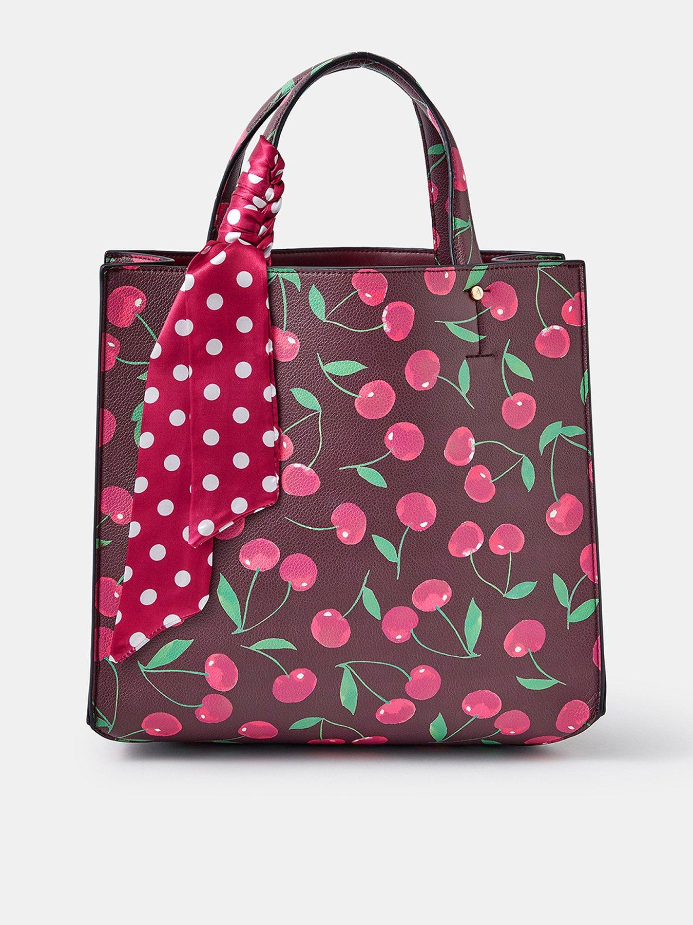 Accessorize Cherry Print Structured Handheld Tote Bag with Scarf Charm - Red